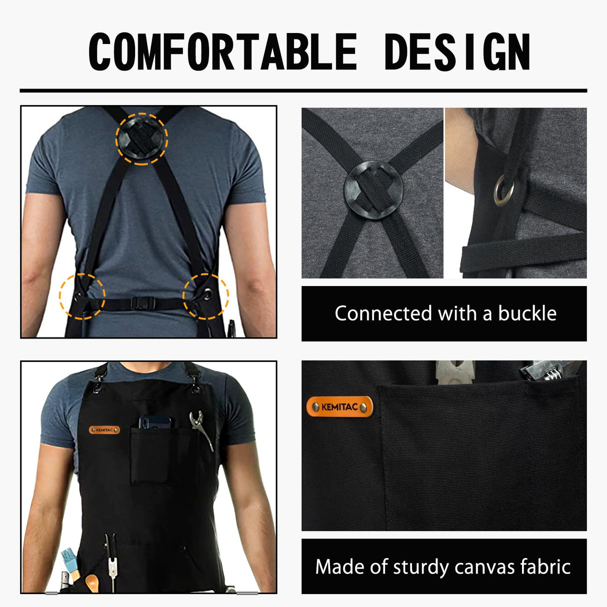 KEMITAC Barbecue Apron For Men, Men Cooking Apron, Work Apron, Gardening Apron, Welding Apron - Waterproof, Fireproof, Adjustable Straps, Many Pockets, Dirt-Repellent - Black Canvas KEMITAC