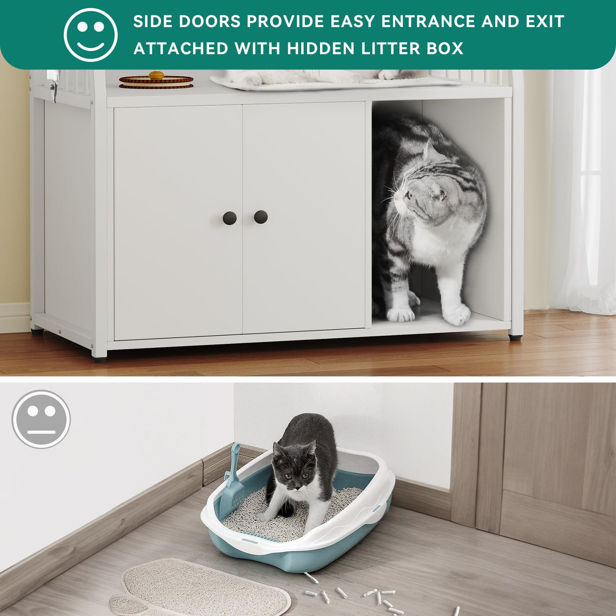 YITAHOME Cat Litter Box Enclosure with Storage Shelves, Indoor Large Litter Box Furniture Wooden Hidden Cat Cabinet Washroom Corner, White YITAHOME