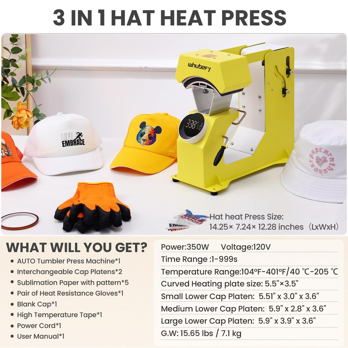 Whubefy 3in1 Hat Press Heat Machine for Caps - Auto Hat Heat Press w/3 Platens - No Crease No Stick - One-Touch Easy Press Cap Heat Press for Hats T-Shirts Small HTV Iron on Vinyl Sublimation Projects Whubefy