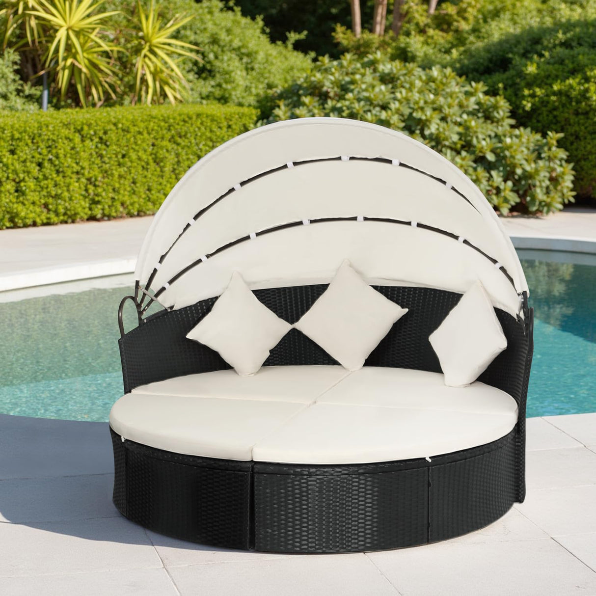 FDW Outdoor Round Daybed Wicker Patio Furniture Outdoor Furniture with Retractable Canopy Rattan Separated Seating Sectional Sofa Khaki Washable Cushioned and Three Pillow for Patio Backyard FDW