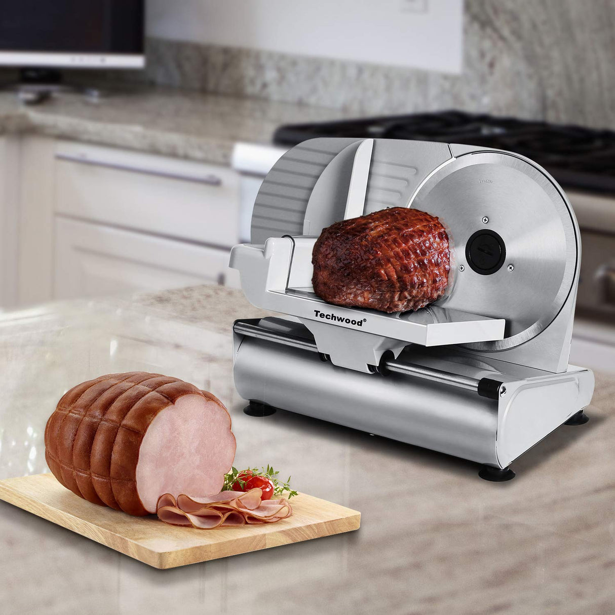 Meat Slicer, Techwood Electric Deil Food Slicer with Removable 9” Stainless Steel Blade, Deli Cheese Fruit Vegetable Bread Cutter with Adjustable Knob for Thickness, Food Carriage & Non-Slip Feet Techwood
