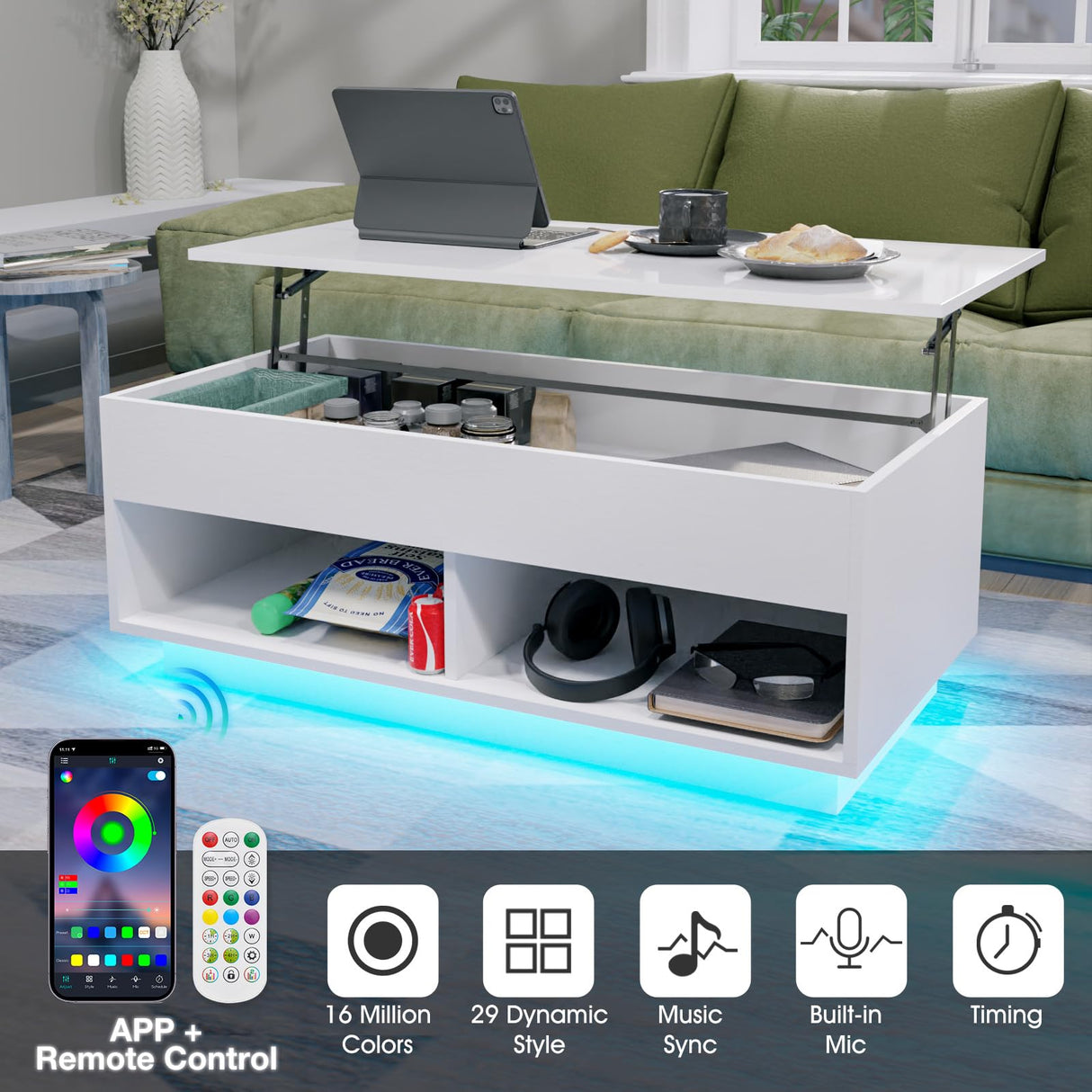 LED Coffee Table for Living Room Lift Top Coffee Tables with Storage Morden High Gloss 4 Tiers White Tea Table Center Tables Sofa Hidden Compartment & 2 Open Shelve HOMMPA