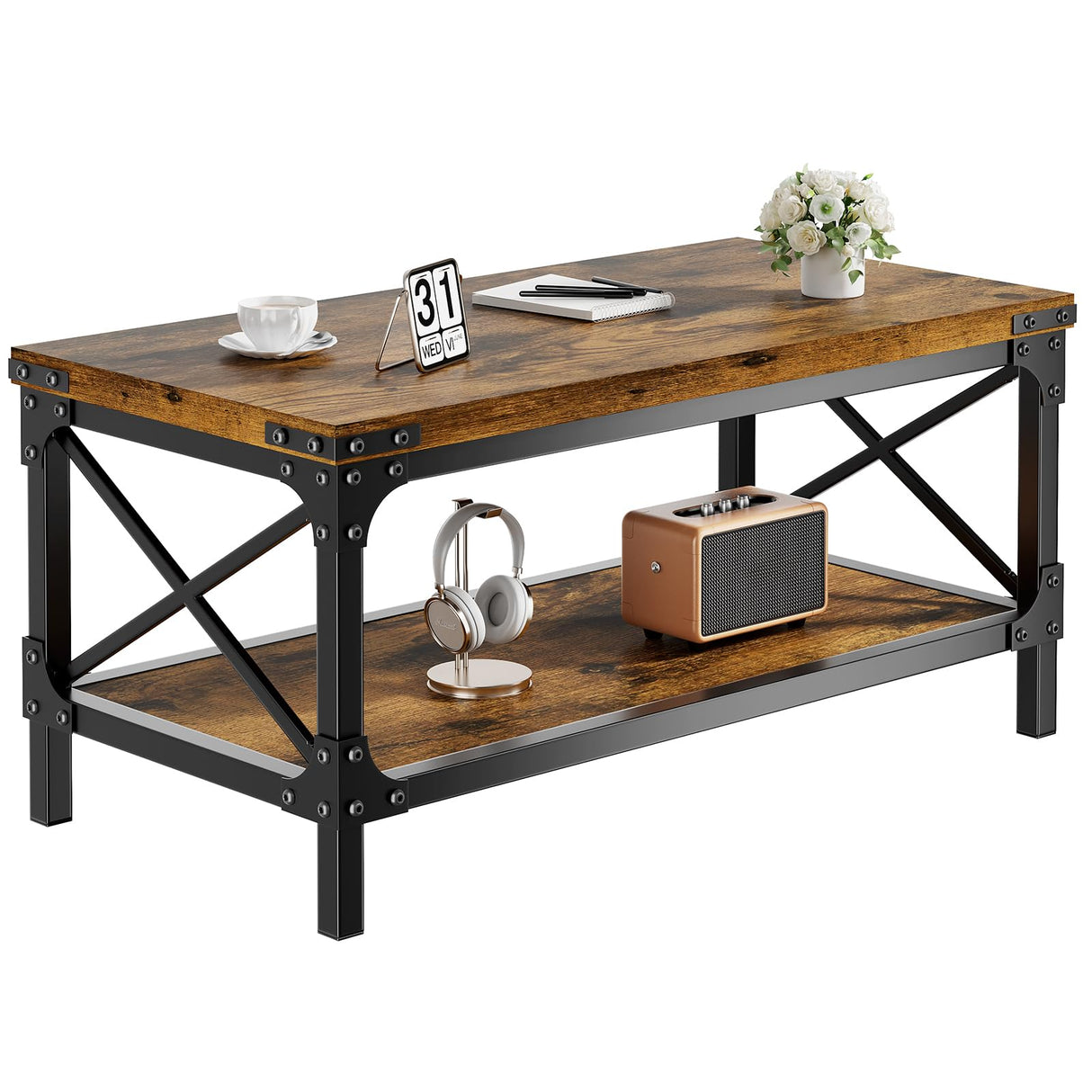 Rectangle Coffee Tables for Living Room, Wood Rectangular Coffee Table, 2 Tier Industrial Modern Center Table with Thickened Tabletop and Metal Frame, 40 inch Long (Rustic Brown) AntsandAnts