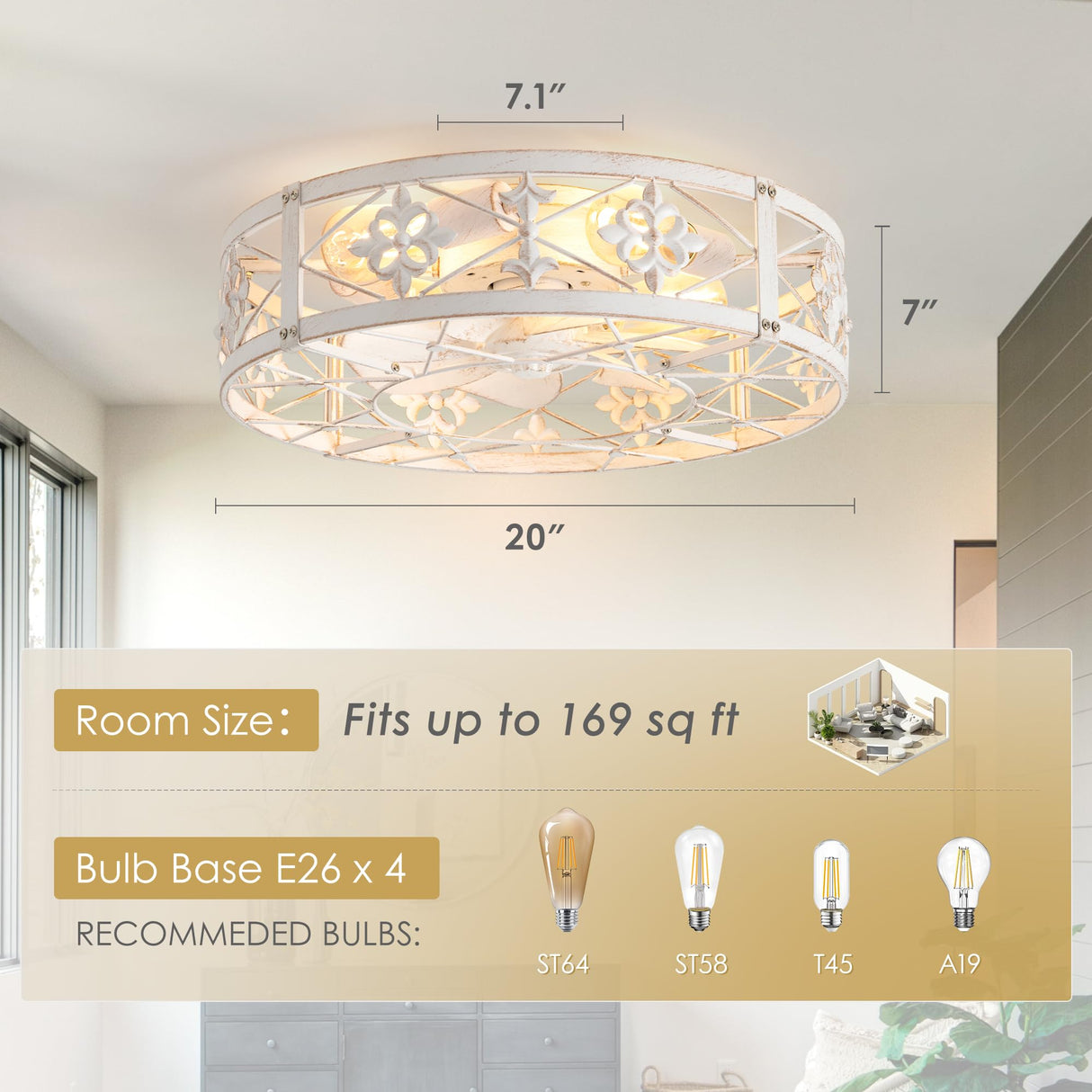 ZYD Caged Ceiling Fan with Light, 20" Ceiling Fan with Lights and Remote Flush Mount, Bladeless Caged Ceiling Fan with Light, Rust White Farmhouse Ceiling Fan for Bedroom, Kitchen, Dining Room ZYD