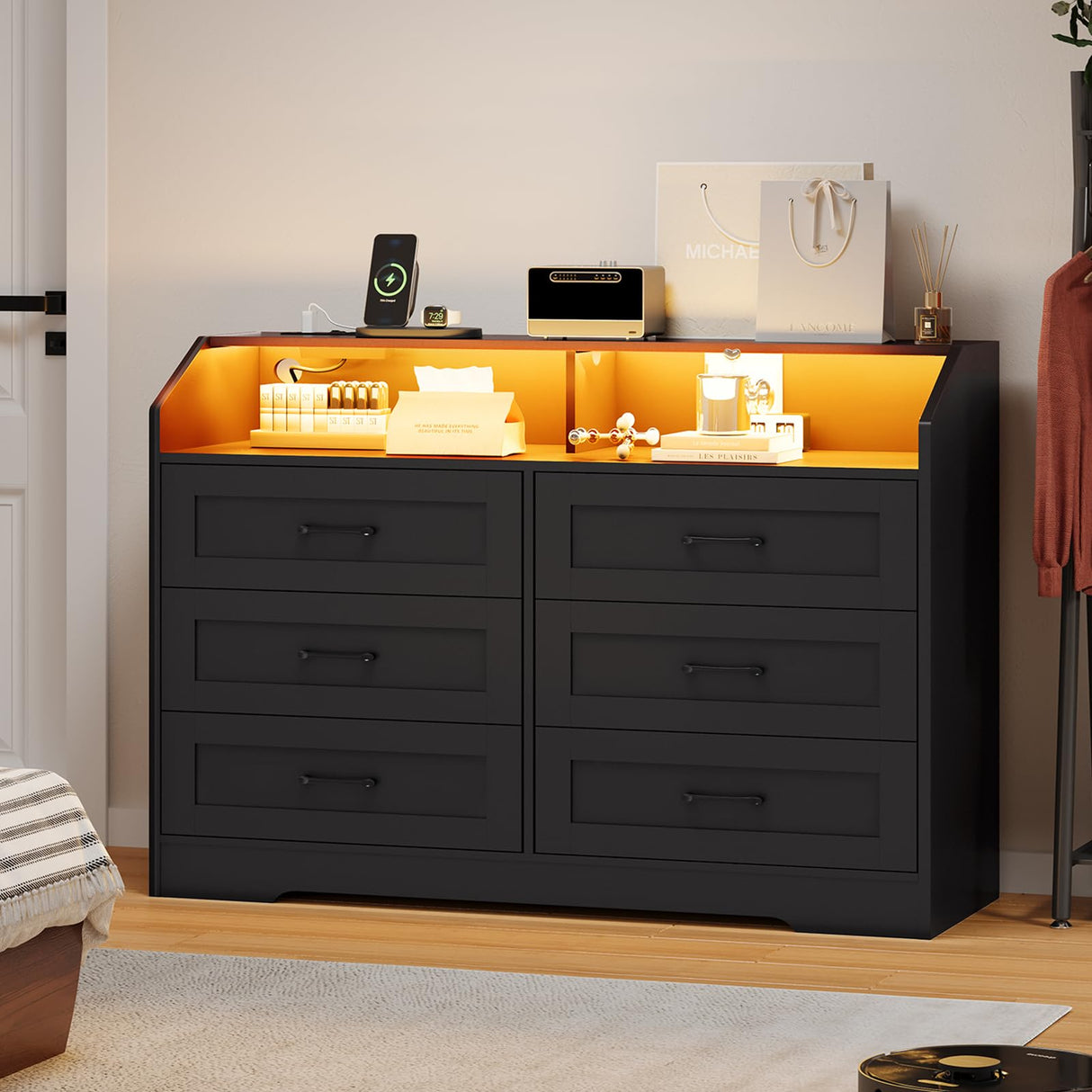 DICTAC LED Dresser for Bedroom, 6 Drawer Dresser with Charging Station, Chest of Drawers with Storage Cubby, Storage Organizer Unit for Bedroom, Closet, Living Room, Black DICTAC