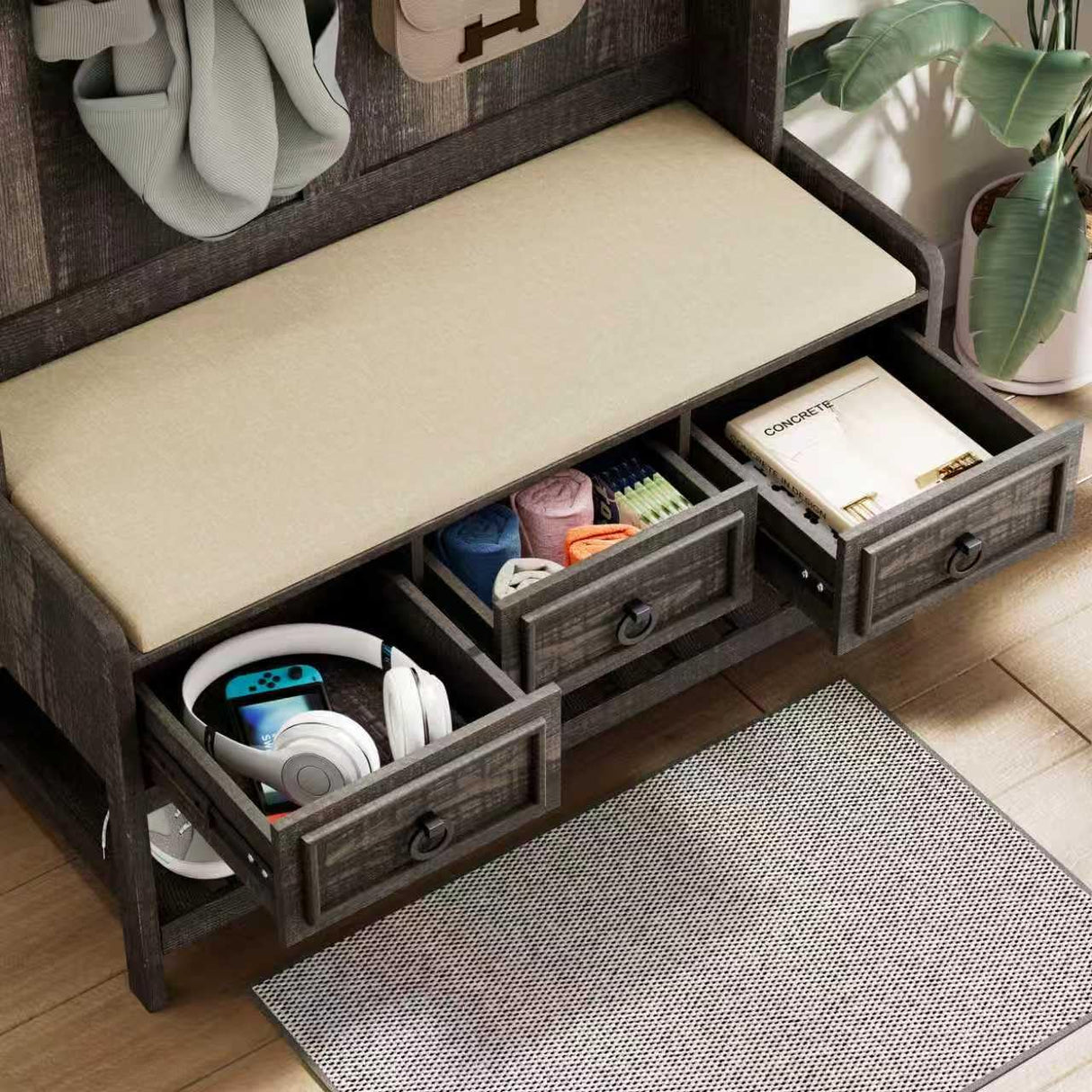 MDGC Farmhouse Hall Tree with Cushioned Bench and Shoe Storage for Mudroom, Hallway, Living Room,4-in-1 Entryway Bench with LED Lights,Motion Sensor,Coat Rack and 3 Drawers,Dark Rustic Oak MDGC