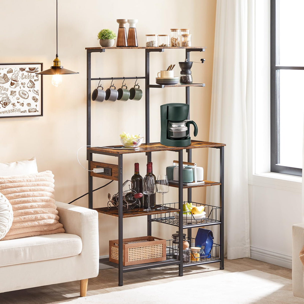 HOOBRO Multifunctional 6-Tier Bakers Rack with Power Outlets and Hooks for Kitchen and Living Room HOOBRO