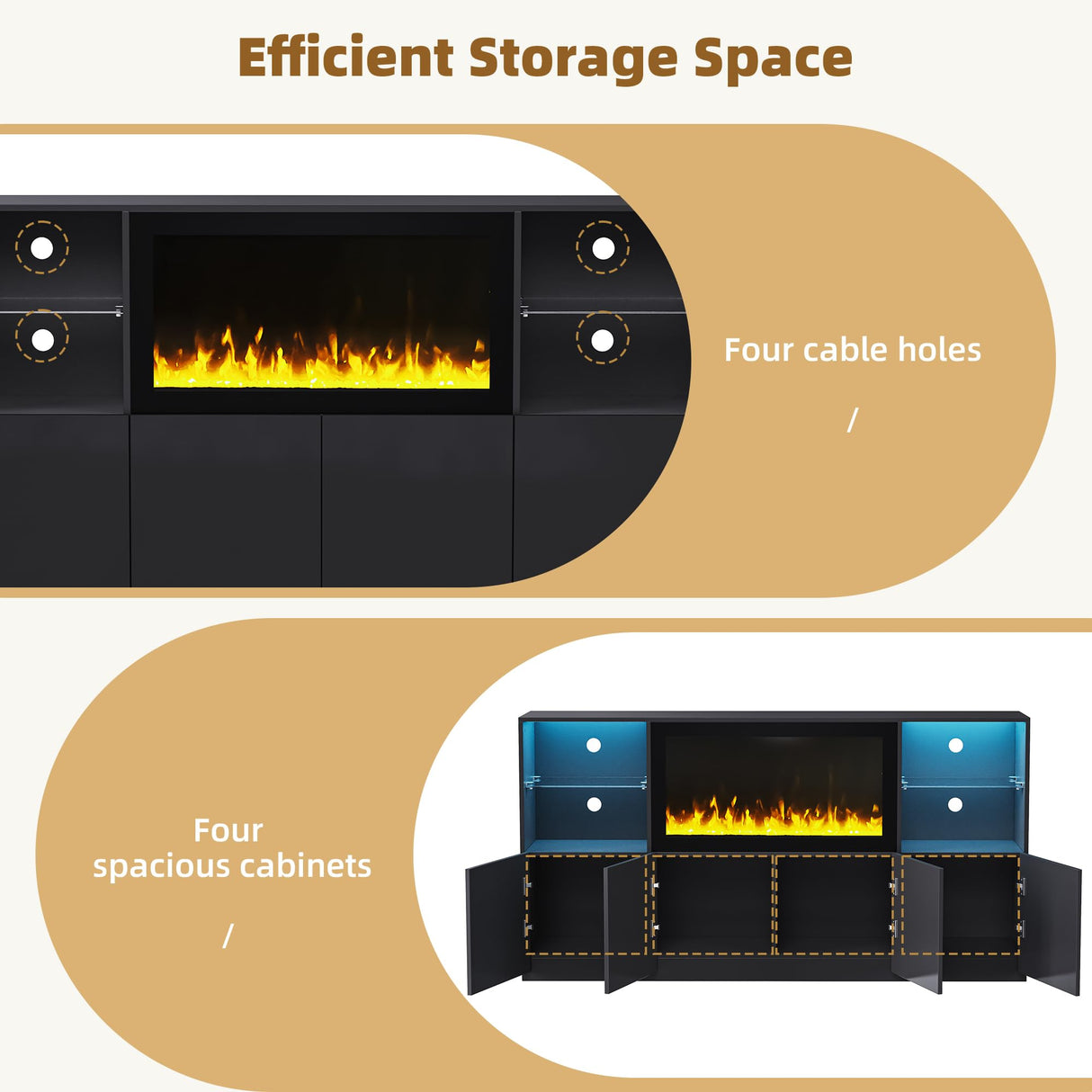 Merax High Gloss TV Stand with 34.2" Non-Heating Electric Fireplace, Modern LED Entertainment Center & Two Tall Pantry Cabinets and Tempered Glass Shelves, Media Console Set for TVs up to 75", Black Merax