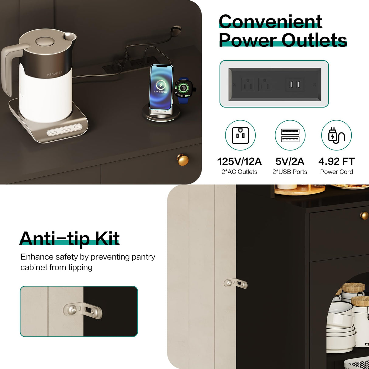 71" Black Kitchen Pantry Storage Cabinet with Lights and Charging Station, Tall Hutch Cabinet with Storage and Microwave Shelf for Dining Room spanspace