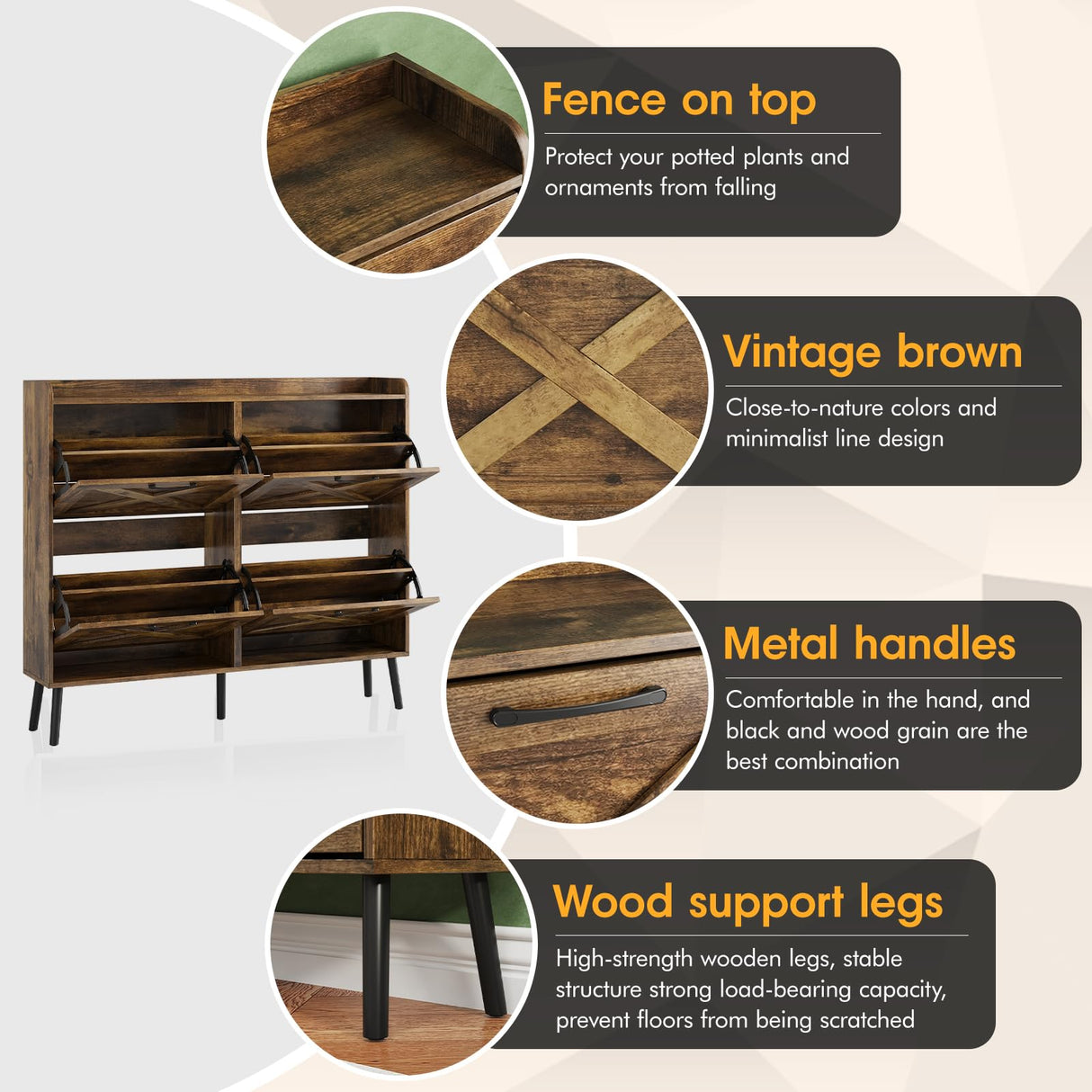 Maupvit Large Shoe Cabinet with 4 Flip Drawers, Freestanding Shoe Organizer with Metal Drawer Bracket for Entryway, Narrow Shoe Rack Cabinet, 5 Sturdy Legs, Rustic Brown Maupvit