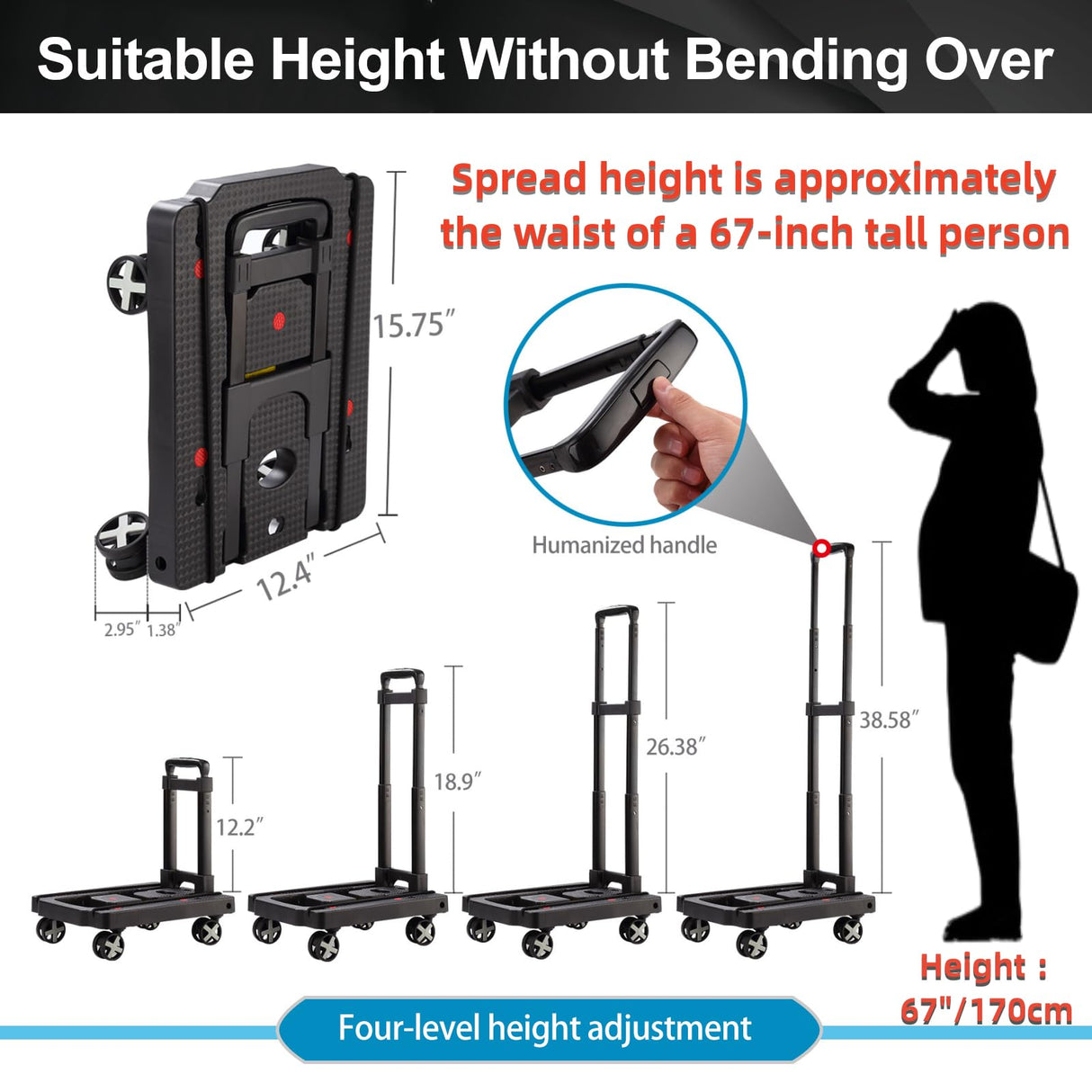 GtIiFmTe Folding Hand Truck, Lightweight Hand Truck Dolly Foldable,Luggage cart with 4 Rotate Wheels, Utility Cart with Adjustable Handle,Collapsible Dolly for Moving Travel Shopping Airport Office GtIiFmTe