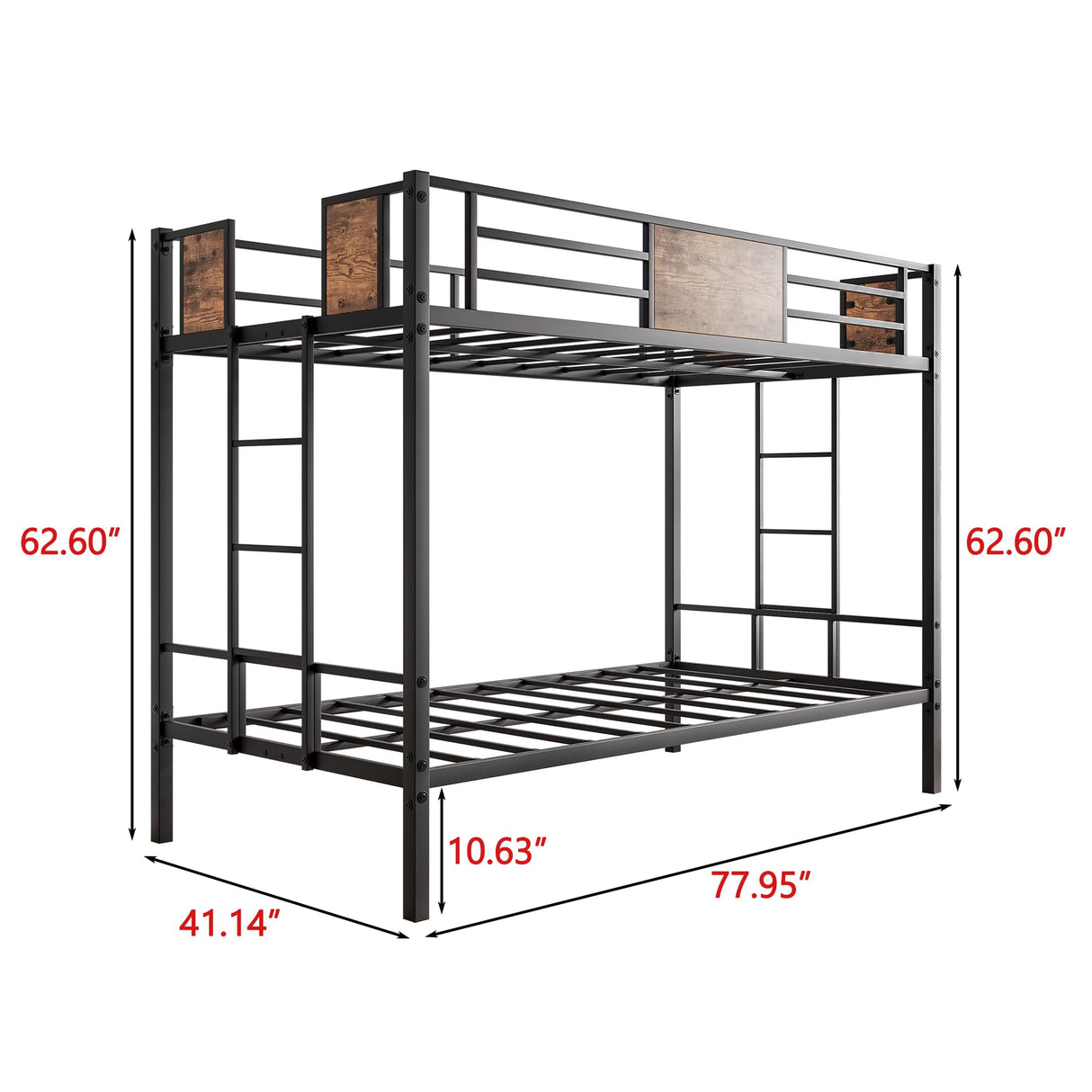 VECOCHO Metal Bunk Bed Twin Over Twin with 2- Side Ladder and Full-Length Guardrail,Space-Saving Design/No Box Spring Needed/Noise Free,Black & Vintage Brown VECOCHO