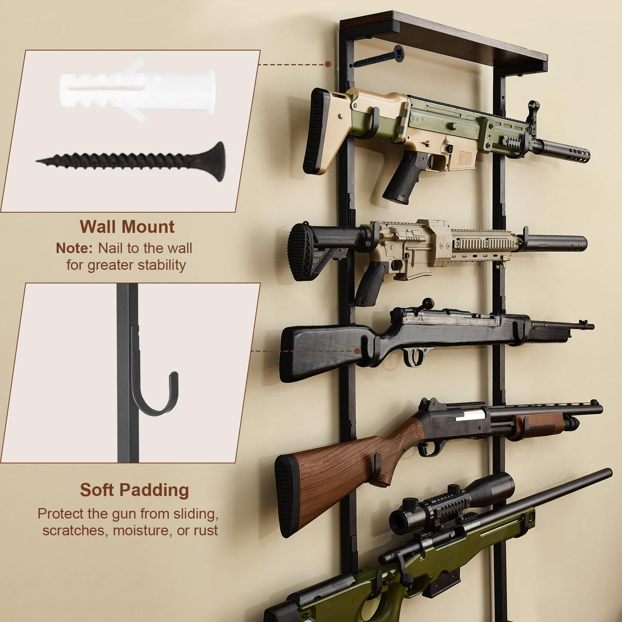 Poyilooo Gun Rack, Indoor Gun Racks for Wall Mount Gun Display Stand, Floor Gun Stand Holds up 5 Guns Storage Airgun Rifle Holder Hunting Gun Shelf (Medium 17.3 L*12.6 W*71 H in) Poyilooo