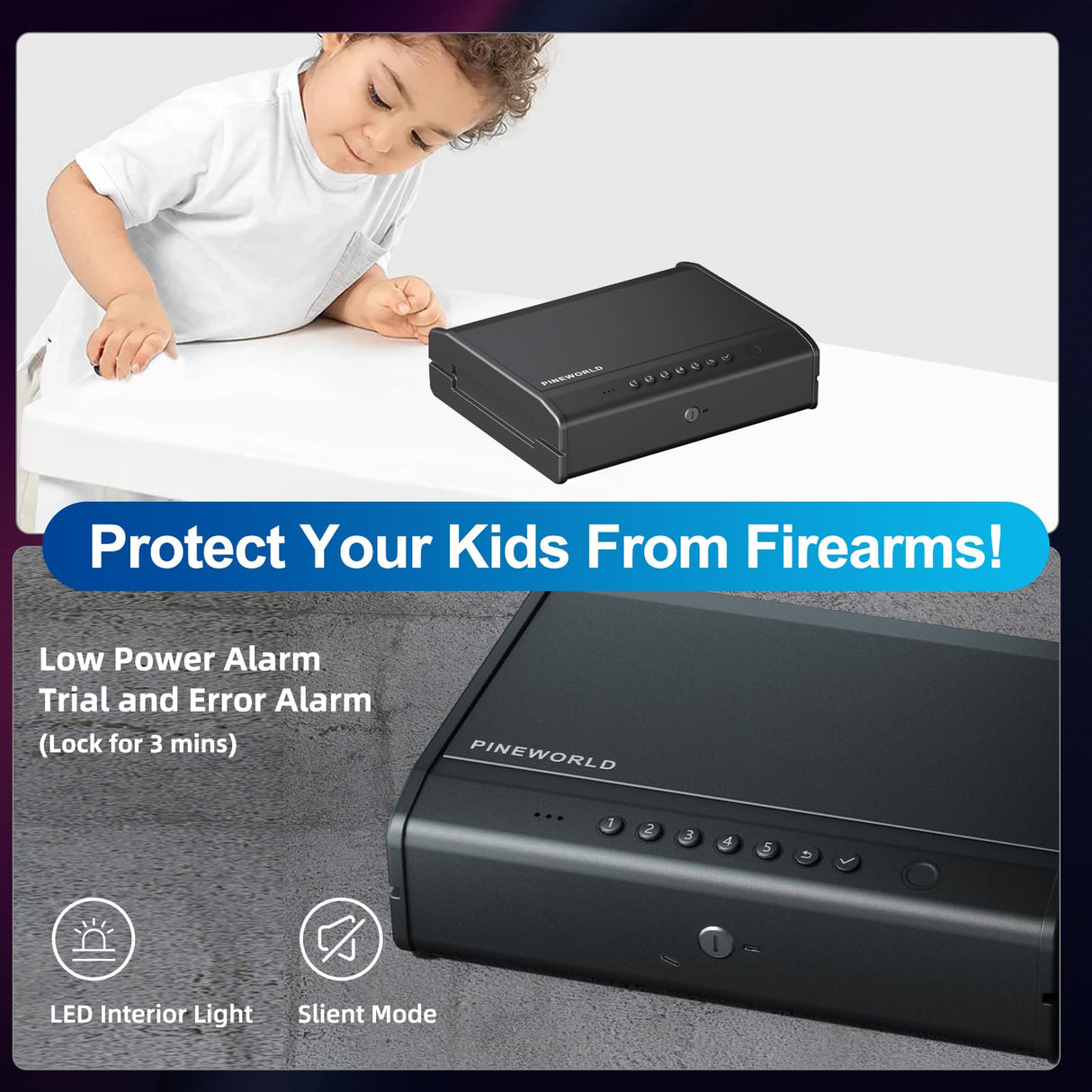 PINEWORLD Biometric Gun Safe For Handgun, Pistol Safe With Fingerprint Backlit Keypad, Quick Access Handgun Safe for Firearm, Gun Lock Box With Interior Light Cable For Nightstand Car Large Size PINEWORLD