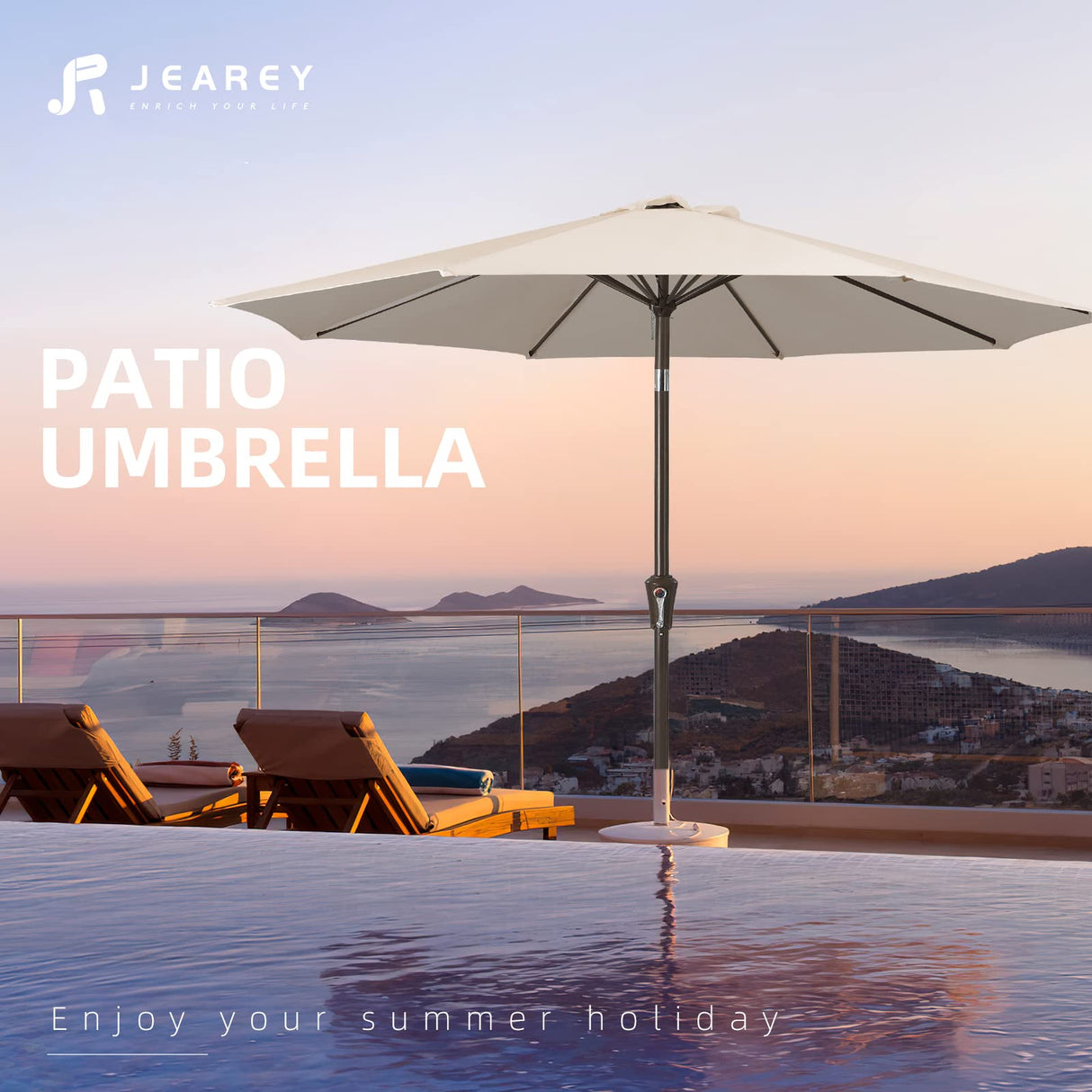 JEAREY 9FT Outdoor Patio Umbrella Outdoor Table Umbrella with Push Button Tilt and Crank, Market Umbrella 8 Sturdy Ribs UV Protection Waterproof for Garden, Deck, Backyard, Pool (Beige) JEAREY