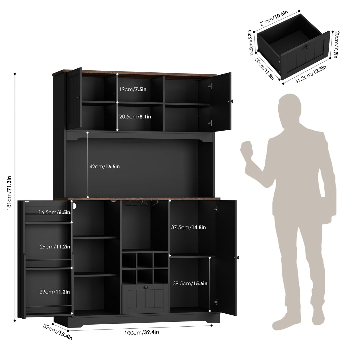 FINETONES 71" Pantry Cabinet with LED Light and Charging Station, Kitchen Pantry Cabinet with Microwave Stand, Kitchen Hutch Food Storage Cabinet with Outlet and Wine Racks, Black FINETONES