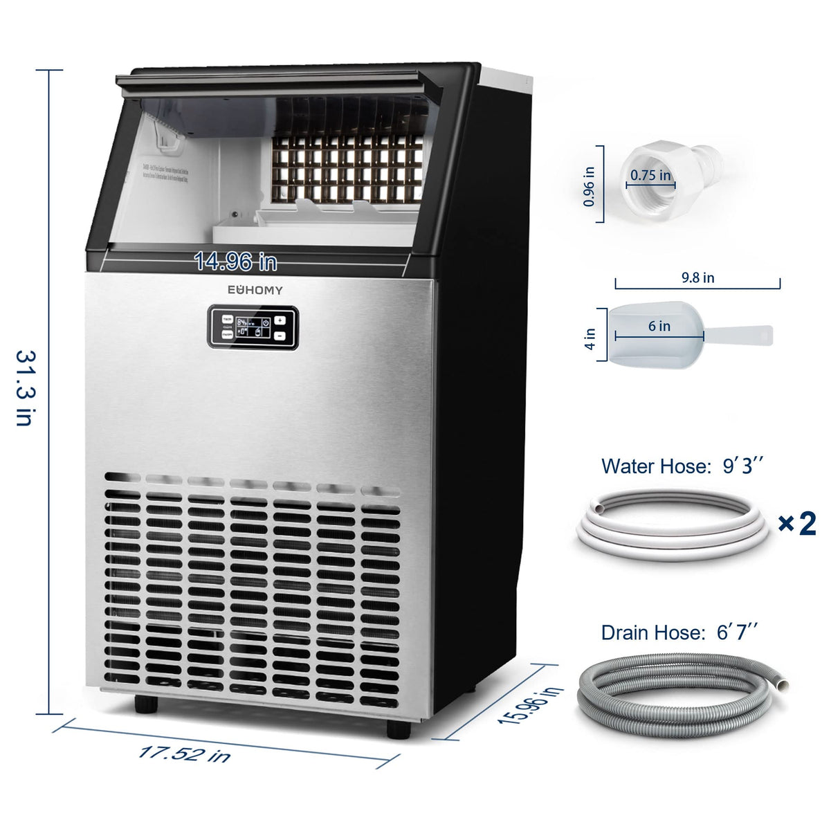 EUHOMY Commercial Ice Maker Machine, 100lbs/24H Stainless Steel Under Counter ice Machine with 33lbs Ice Storage Capacity, Freestanding Ice Maker. EUHOMY