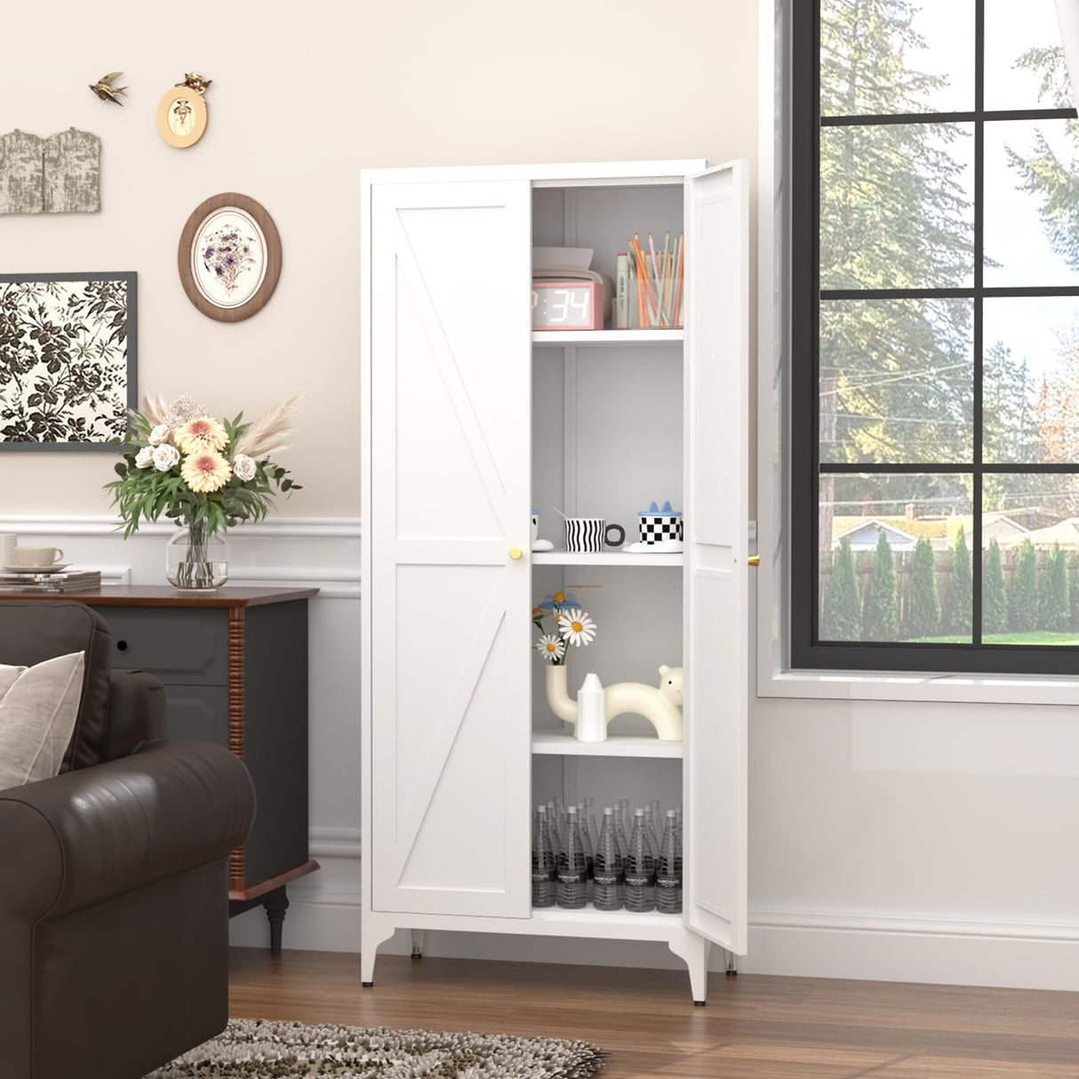 GREATMEET 65" Tall Kitchen Pantry Storage Cabinet, White Pantry Storage Cabinet, Farmhouse Metal Kitchen Cupboard with Doors for Garage, Dining Room, Living Room and Laundry GREATMEET