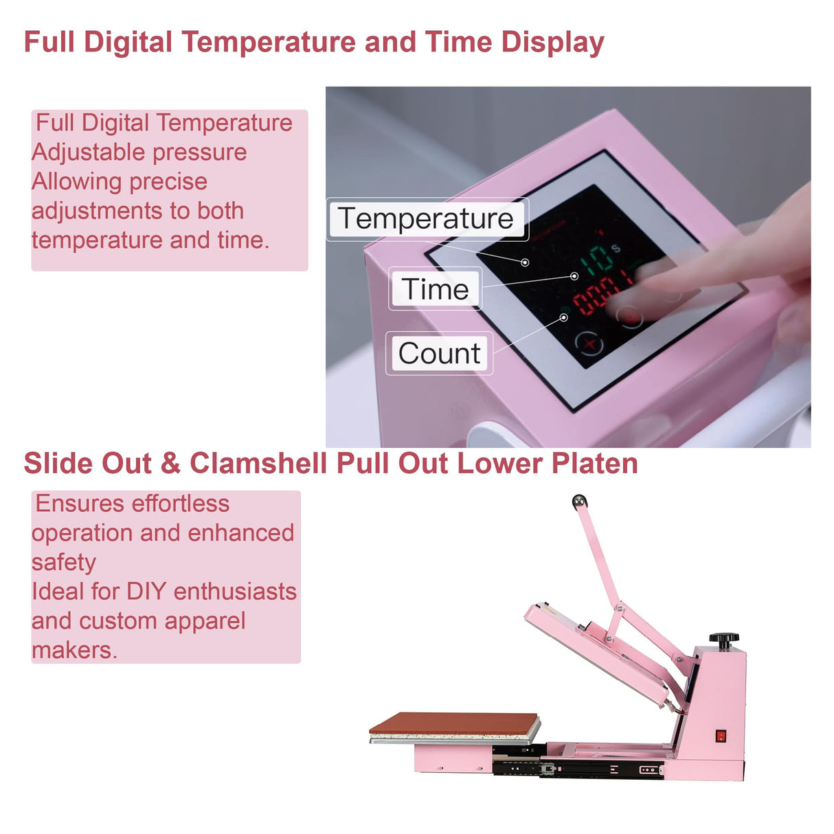 16x24 Semi-Automatic Heat Press Machine with Auto Open and Slide-Out Base (Pink+White, 13'' x 18'' (33 x 45cm)) ZJBFXY88