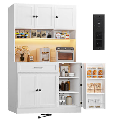 FJTJBSI 72" Kitchen Pantry Cabinet with Charging Station and LED Light Tall Pantry Storage Cabinet with Adjustable Shelves Freestanding Kitchen Hutch with Countertop for Dining Room White
