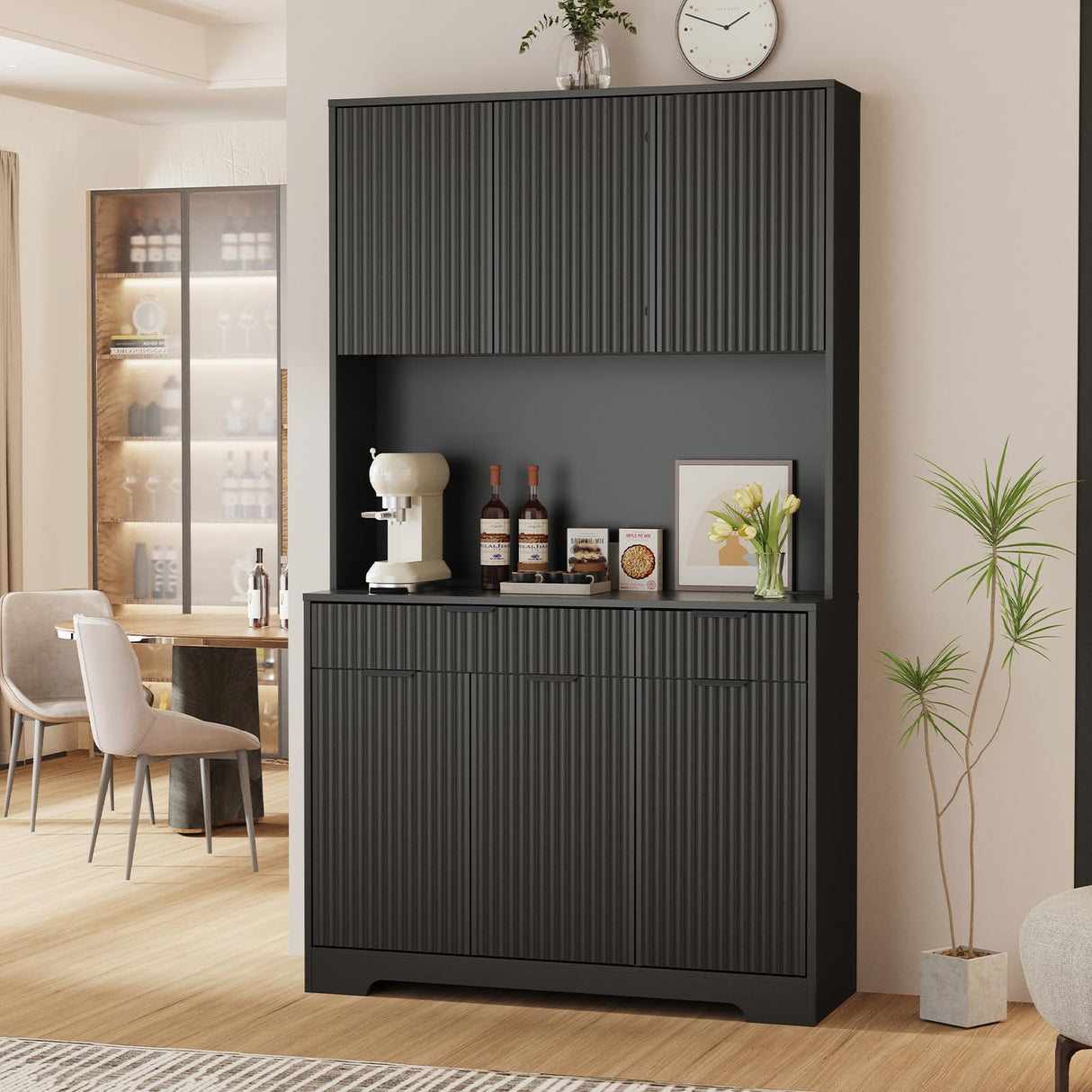 P.H.Furn 71" Pantry Cabinet, Kitchen Storage Cabinet with Drawers & Adjustable Shelf, Microwave Shelf, Kitchen Hutch with LED Light & Outlets for Dining Room/Entry/Hallway (Black) P.H.Furn