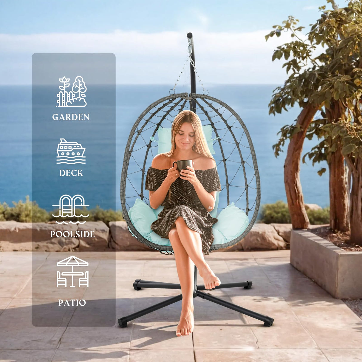 Egg Chair Indoor Outdoor, Foldable Hanging Egg Chair with Stand, Patio Swing Egg Chairs, UV Resistant Removable &Washable Thicken Padded Cushions, 350LBS Capacity for Bedroom, Balcony Blue HiDSLiving