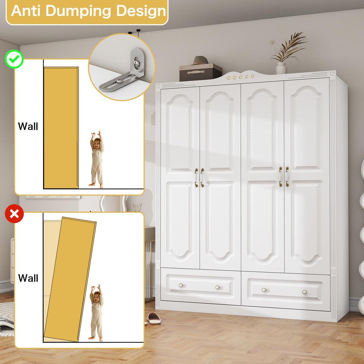 LABROSKIA White Armoire Wardrobe Closet with Drawers: 74" Large Wardrobe Closet with 4 Doors and 2 Drawers, Bedroom Armoires with Hanging Rod, Wooden Armoire Closets for Hanging Clothes (White, 59") LABROSKIA