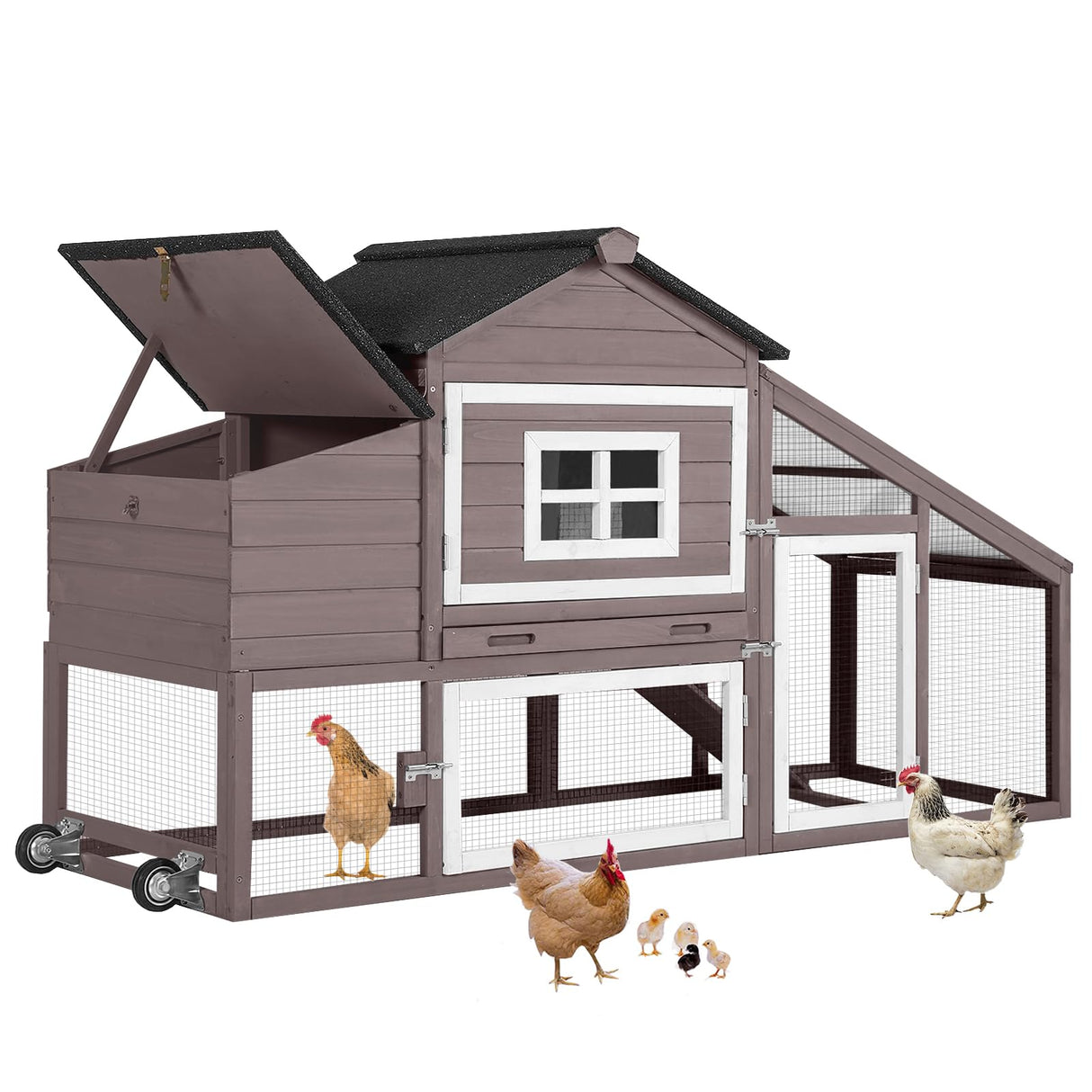 Aivituvin Chicken Coop Outdoor with Wheels, Mobile Hen House Wooden Poultry Cage with Run & Waterproof Roof (Grey with White) Aivituvin