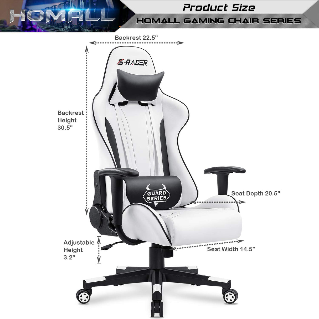 Homall Gaming Chair, Video Game Chair with Footrest and Lumbar Support, Ergonomic Computer Chair Height Adjustable with Swivel Seat and Headrest (Pale White) Homall
