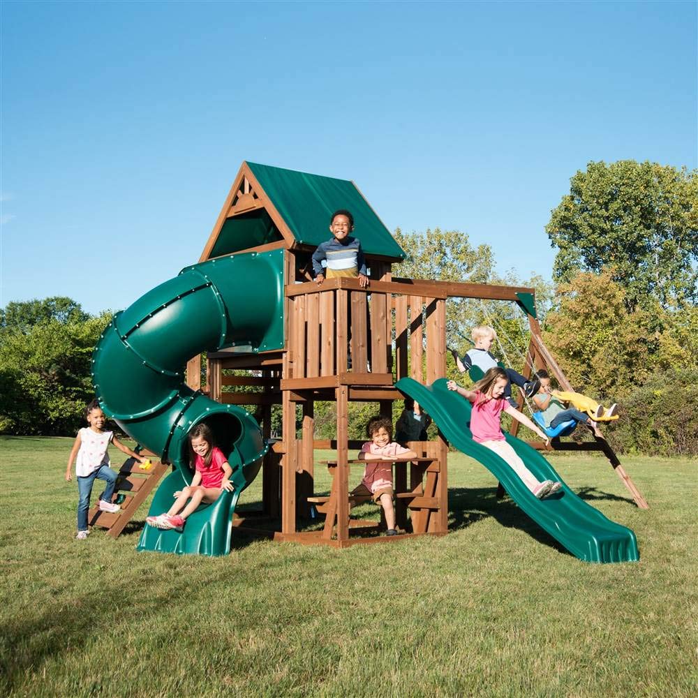 Swing-N-Slide WS 8359 Tellico Terrace Wood Swing Set with Two Slides, Climbing Wall & Swings, Brown Swing-N-Slide