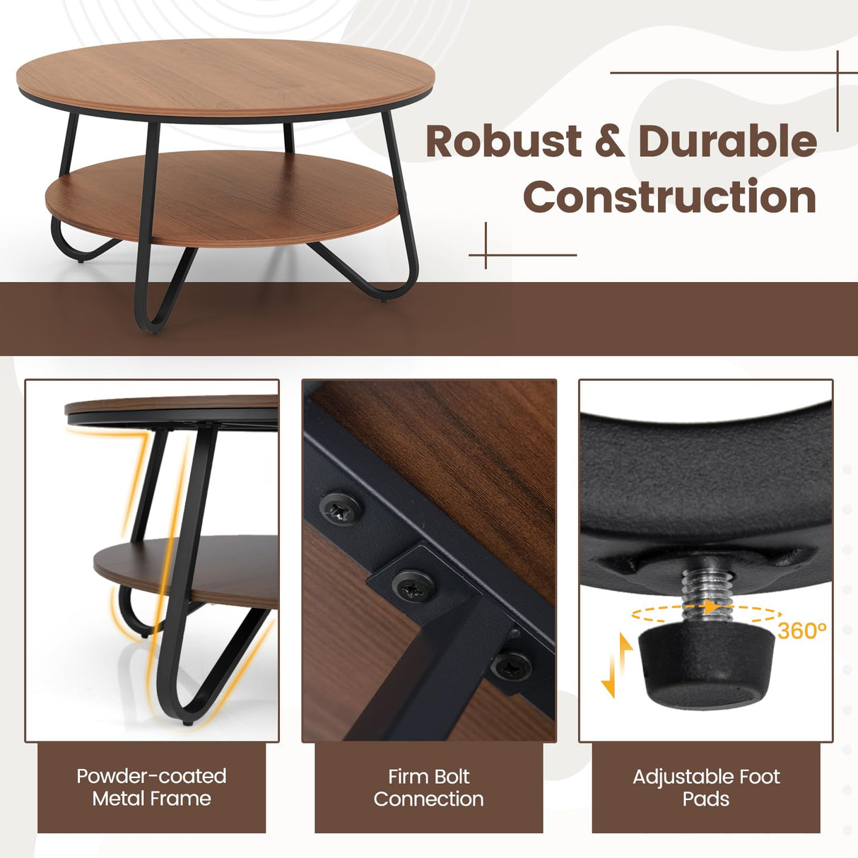 Giantex 2-Tier Round Coffee Table, 33.5" Wood Coffee Table with Open Storage Shelf & Heavy-Duty Steel Frame, Rustic Circle Coffee Table, Mid-Century Center Table for Living Room, Office, Walnut Giantex