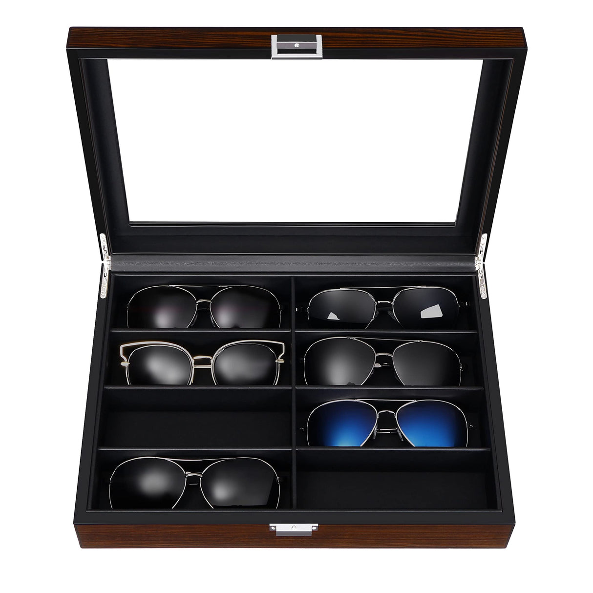 BEWISHOME Sunglasses Organizer, 8 Slot Sunglasses Case for Men, Eyeglasses Storage Box with Clear Glass Top, Smooth Faux Leather Interior, Brown SSH25Y BEWISHOME
