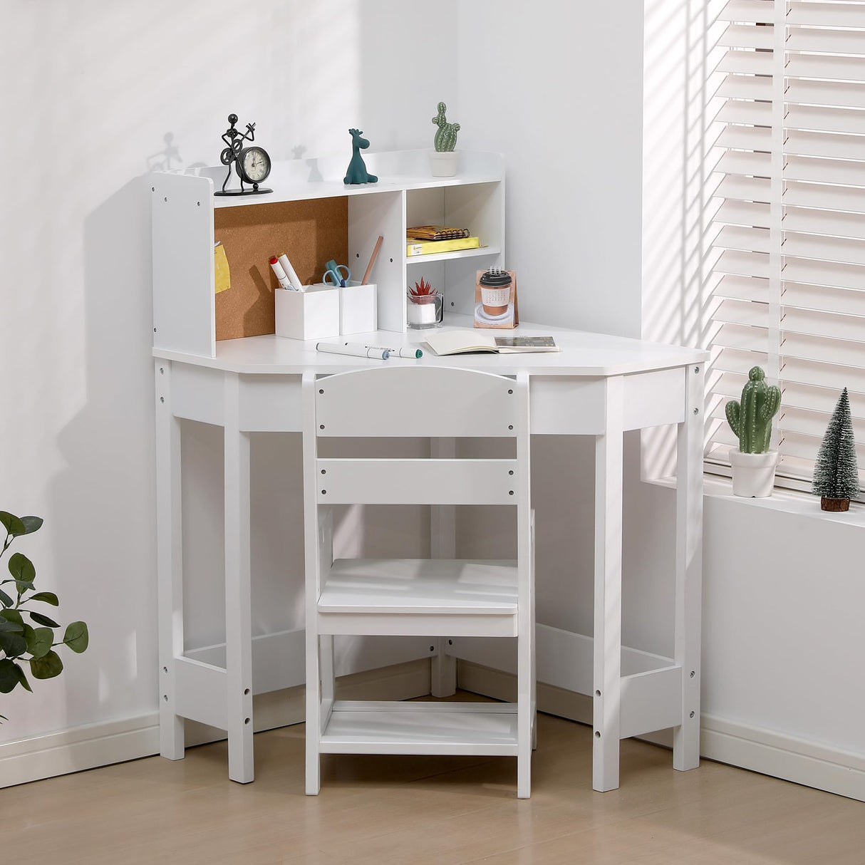 Kids Desk and Chair Set, Wooden Corner Study Table with Bookshelf, Bulletin Board, and Pen Holder, Writing Table for Boys and Girls, White GarveeHome