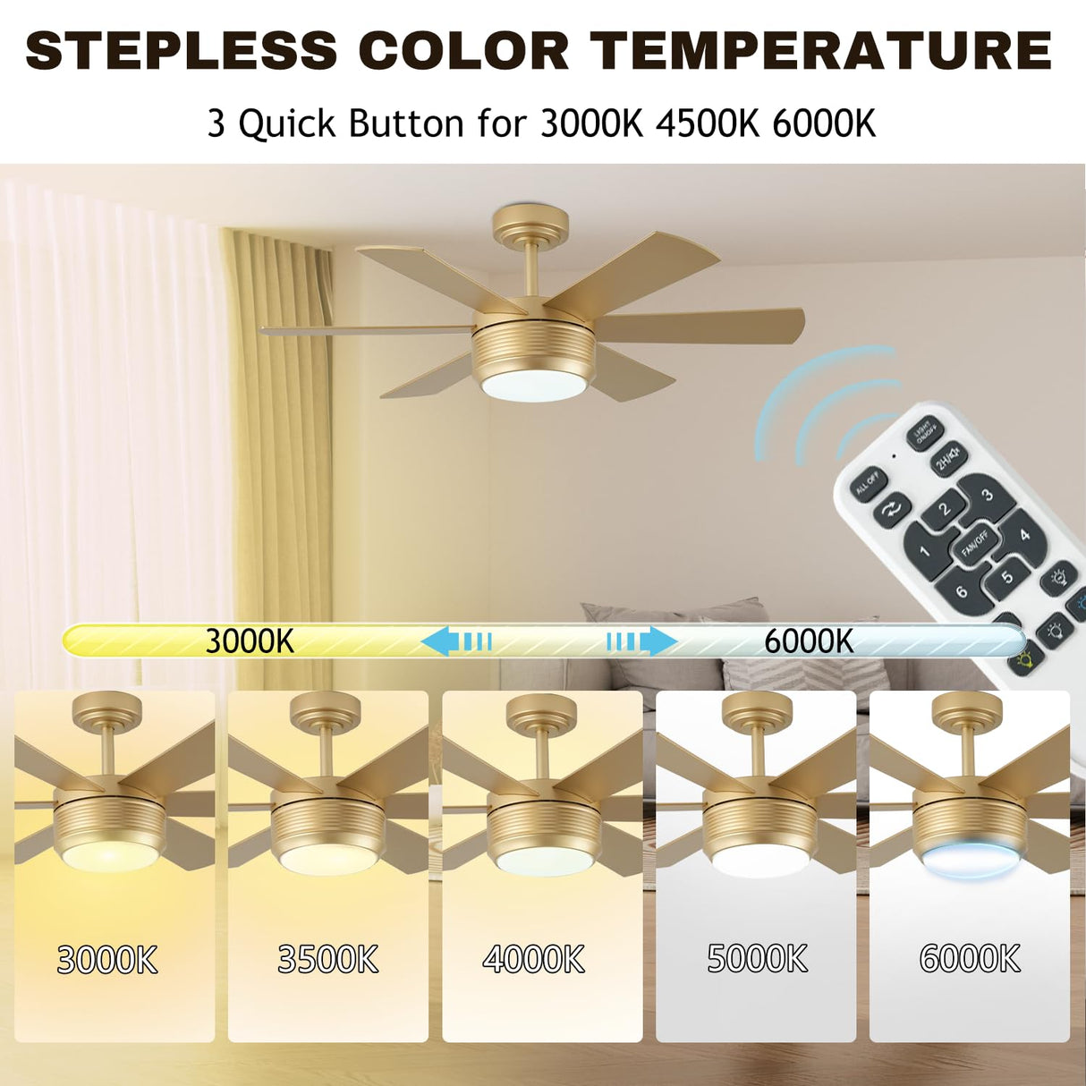 42 Inch Ceiling Fan with Lights and Remote, 6 Blade App Control Timer Reversible Stepless Brightness and Color Temperature Outdoor Wood Ceiling Fan with Lights (Gold, 42 Inch) SHOWDI