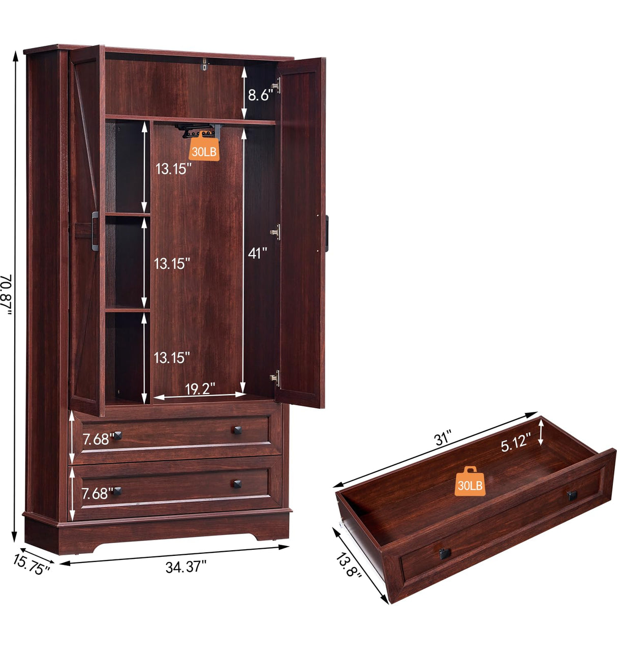 SOOWERY Dresser for Bedroom, Farmhouse Dresser with 2 Wooden Drawers and Storage Cabinets, 71 Inches Tall Chest of Drawers for Bedroom, Living Room, Hallway, Dark Cherry SOOWERY