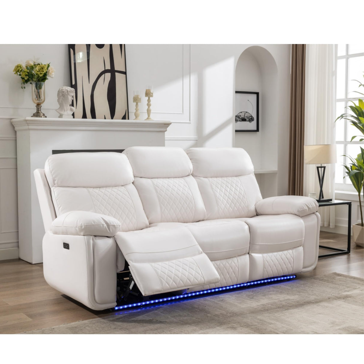 KEIKI 2-Piece Power Reclining Sofa Set with 1 Oversized Technical Leather 3-Seater Sofa & 1 Loveseat Sofa, Electric Control 5-Seater Couch Set with Cup Holder, Storage Armrest, for Living Room, White KEIKI