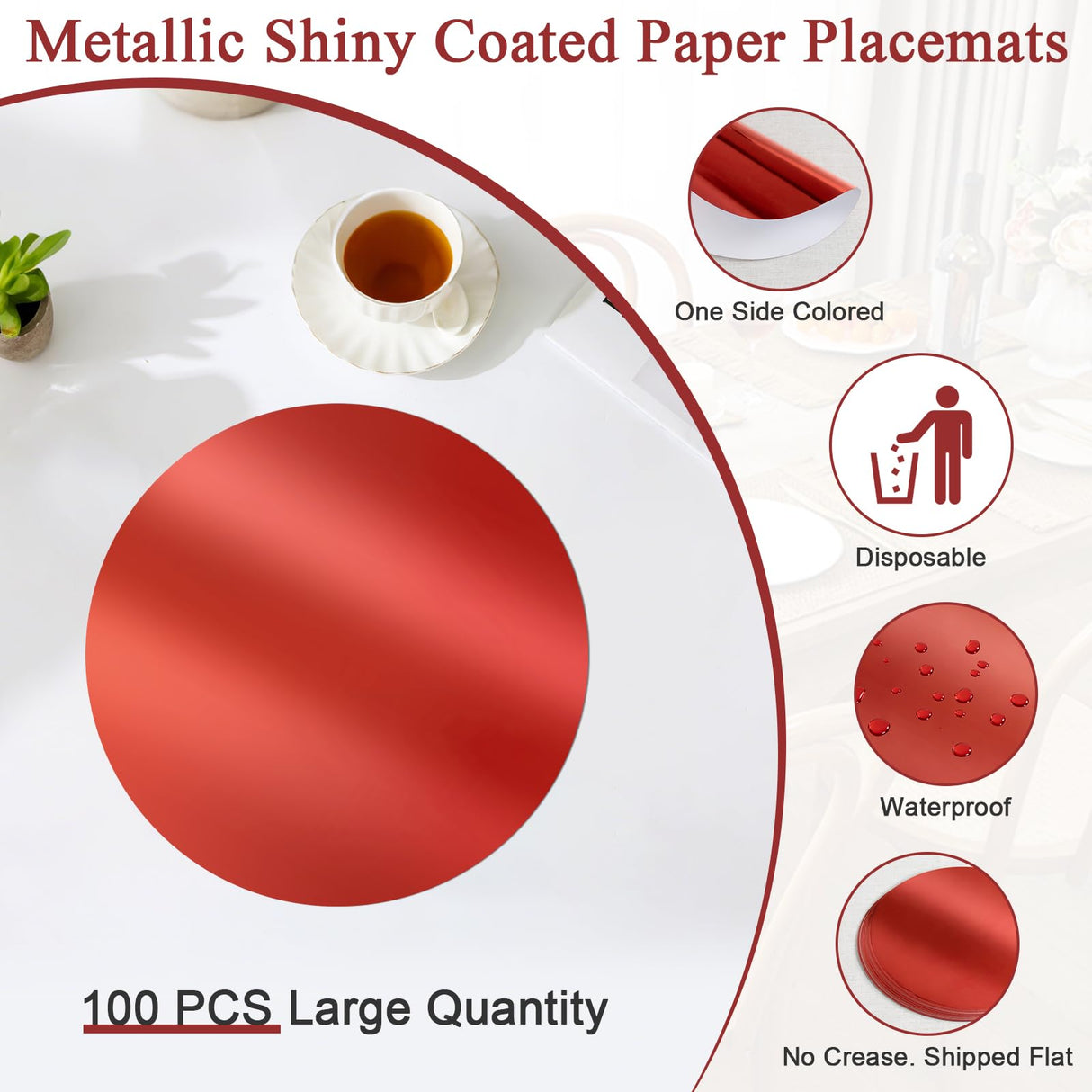 SHACOS 100Pcs Round Red Placemats, 13" Paper Place Mats Disposable for Dining Table, Charger Plates Table Mat for Christmas Dinner Party Wedding Birthday Banquet Table Setting Decor SHACOS