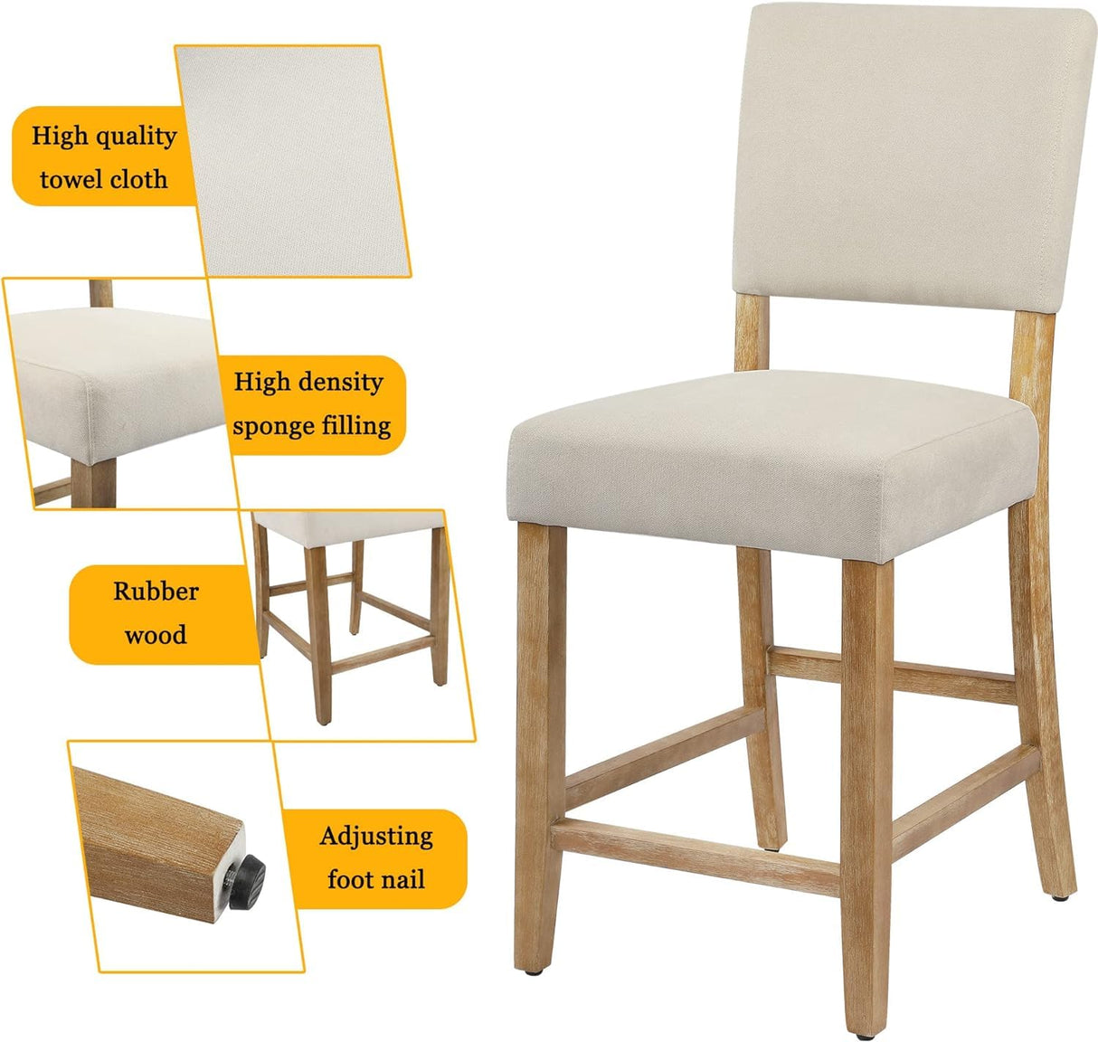 DAGONHIL 24 Inches Counter Height Bar Stools Set of 4, Upholstered Barstools with Wood Legs, Island Chairs for Kitchen Counter, Towel Cloth (Beige) DAGONHIL