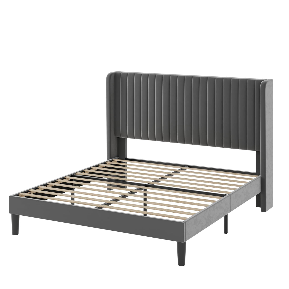 Allewie Full Size Velvet Bed Frame/Vertical Channel Tufted Wingback Headboard/Upholstered Platform Bed/Strong Wooden Slats/No Box Spring Needed/Easy Assembly/Grey Allewie