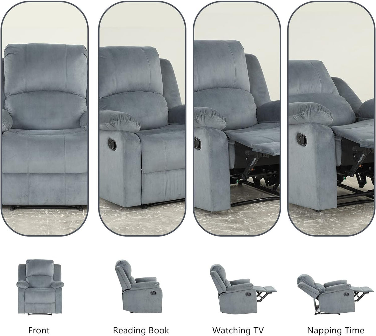 CANMOV Manual Recliner Chair Set of 2, Soft Fabric Overstuffed Recliner Single Sofa Chair for Living Room, Heavy Duty and Safety Reclining Mechanism (Blue Grey) CANMOV