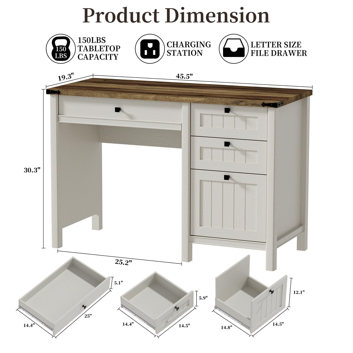 ENOUSHU Executive Desk, Farmhouse Computer Desk with Drawers & Cabinet, Home Office Desk for Work Study Writing Workspace (White, 45") ENOUSHU