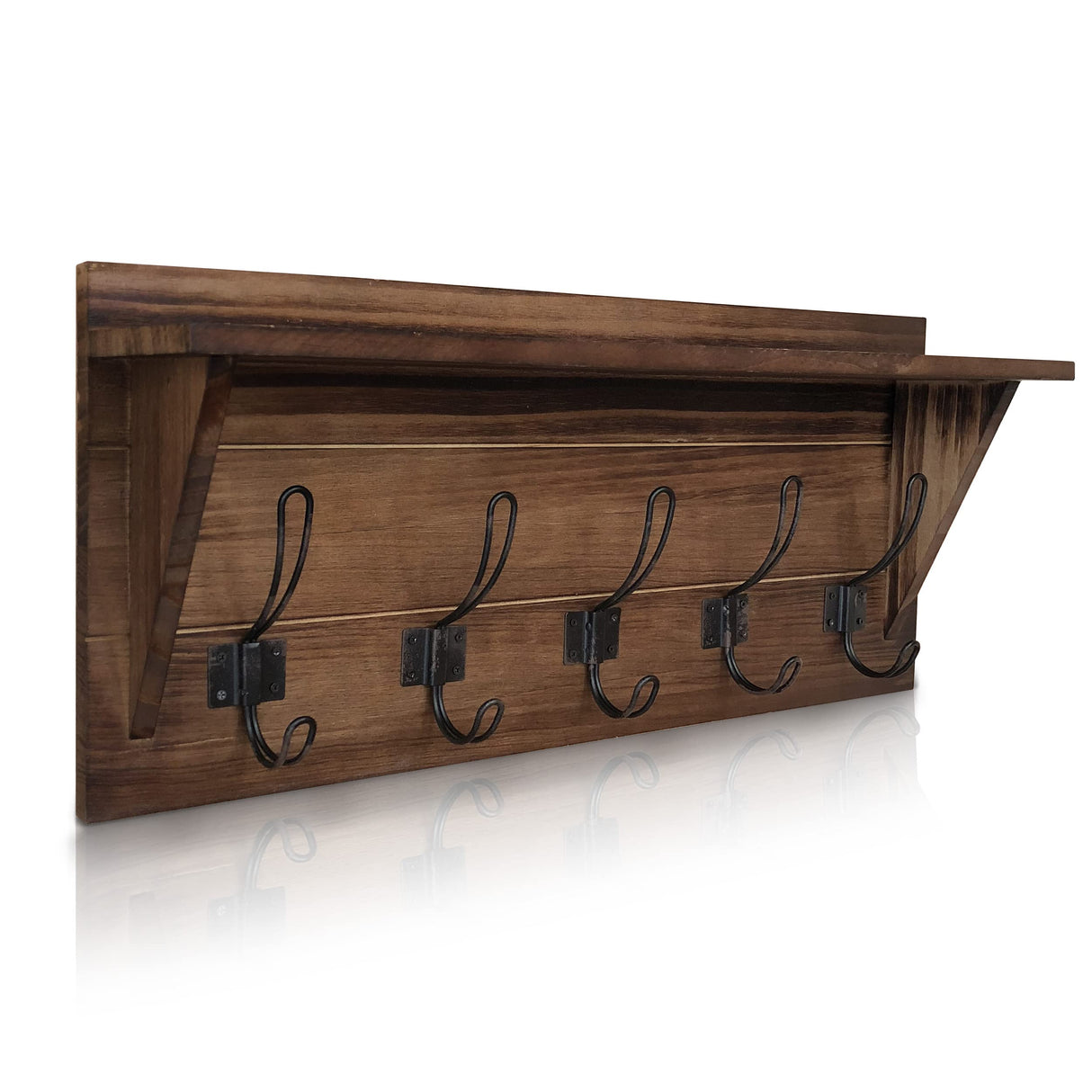 HBCY Creations Rustic Brown Solid Wood Wall Mounted Coat Rack with Shelf, 5 Hooks, 24" Long - Kitchen, Mudroom, Entryway, Bathroom - Includes Mounting Hardware, Coat Hanger, Dog Leash Hooks HBCY Creations