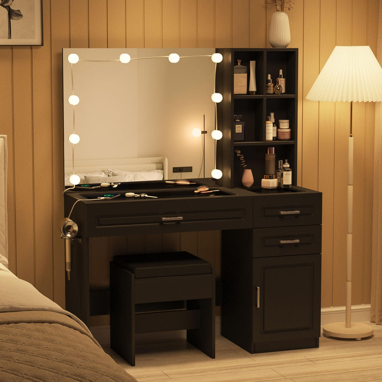 Fameill Vanity Desk with Lighted Mirror & Power Strip,Large Vanity Table with Glass top and Lots Storage,3 Drawer Makeup Desk with Hair Dryer Stand,3 Lighting Modes,Black Fameill