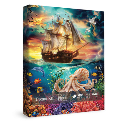 Ocean Sailboat Octopus Puzzles for Adults 1000 Pieces, Colorful Beach Dolphin Sea Jigsaw Puzzles, Beautiful Art Bird Scenic Puzzle
