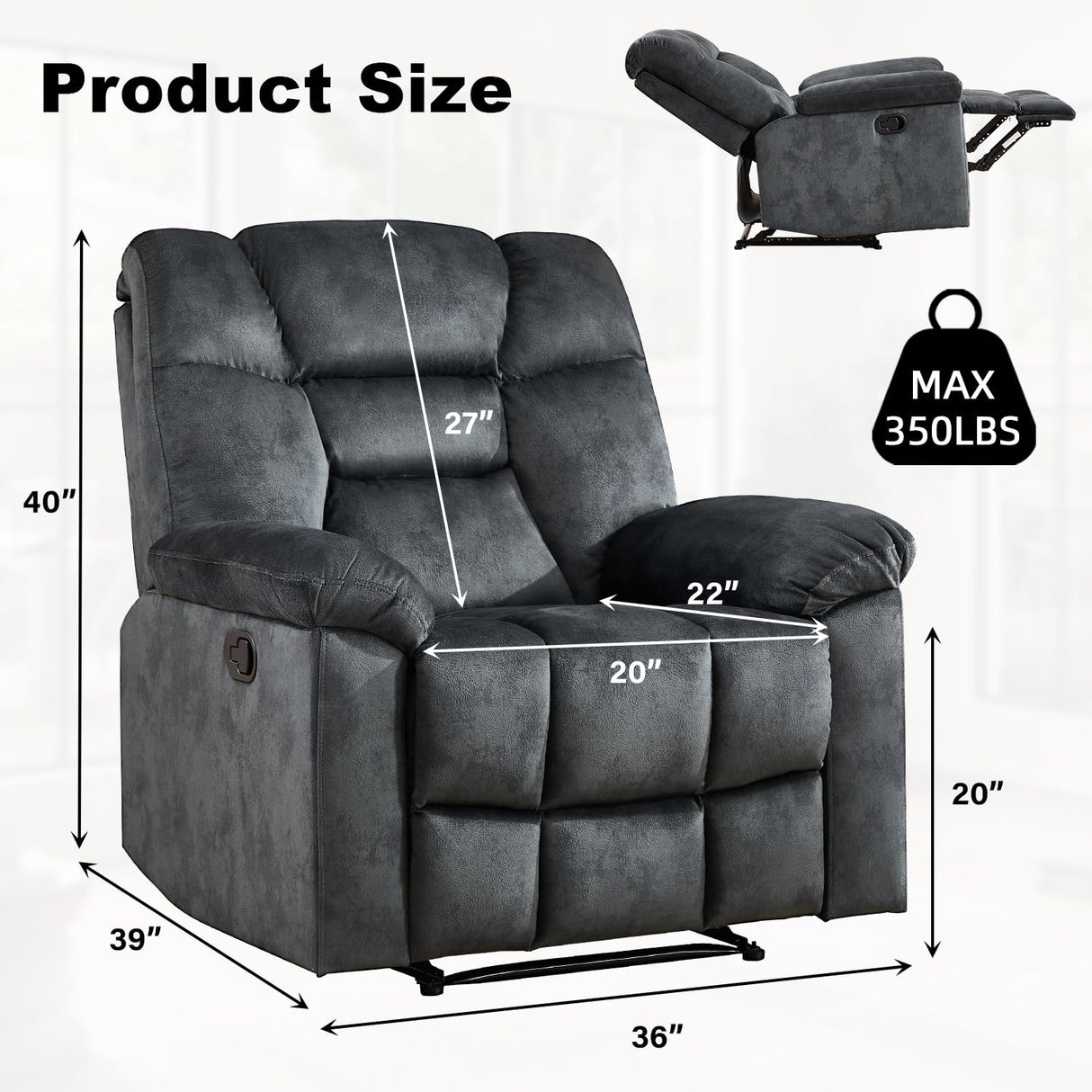 CANMOV Manual Recliner Single Sofa, Wall-Hugger Reclining Couch, Upholstered Sofa Chair with Armrests, Fabric Reclining Couch with Soft Cushion for Living Room, Grey CANMOV