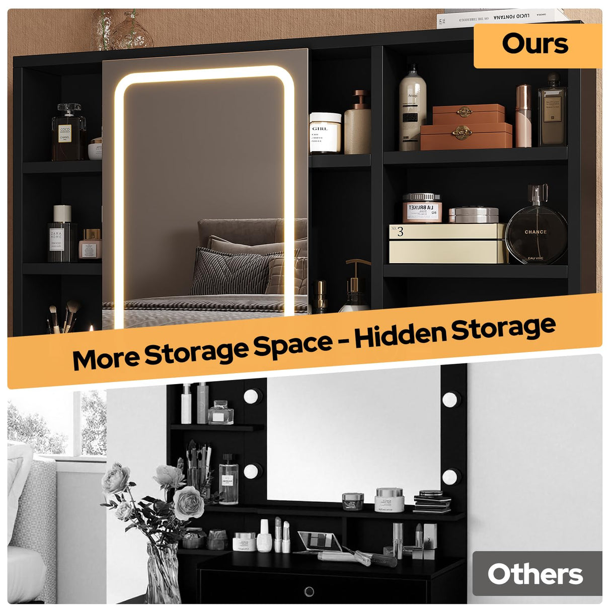 knoworld Vanity Desk with Sliding Mirror & LED Lights, Smart Makeup Table with Charging Station, Hairdryer Holder, 7 Shelves, 3 Drawers, 2 Cabinets, Vanity with Extra Hidden Stroage for Bedroom,Black knoworld