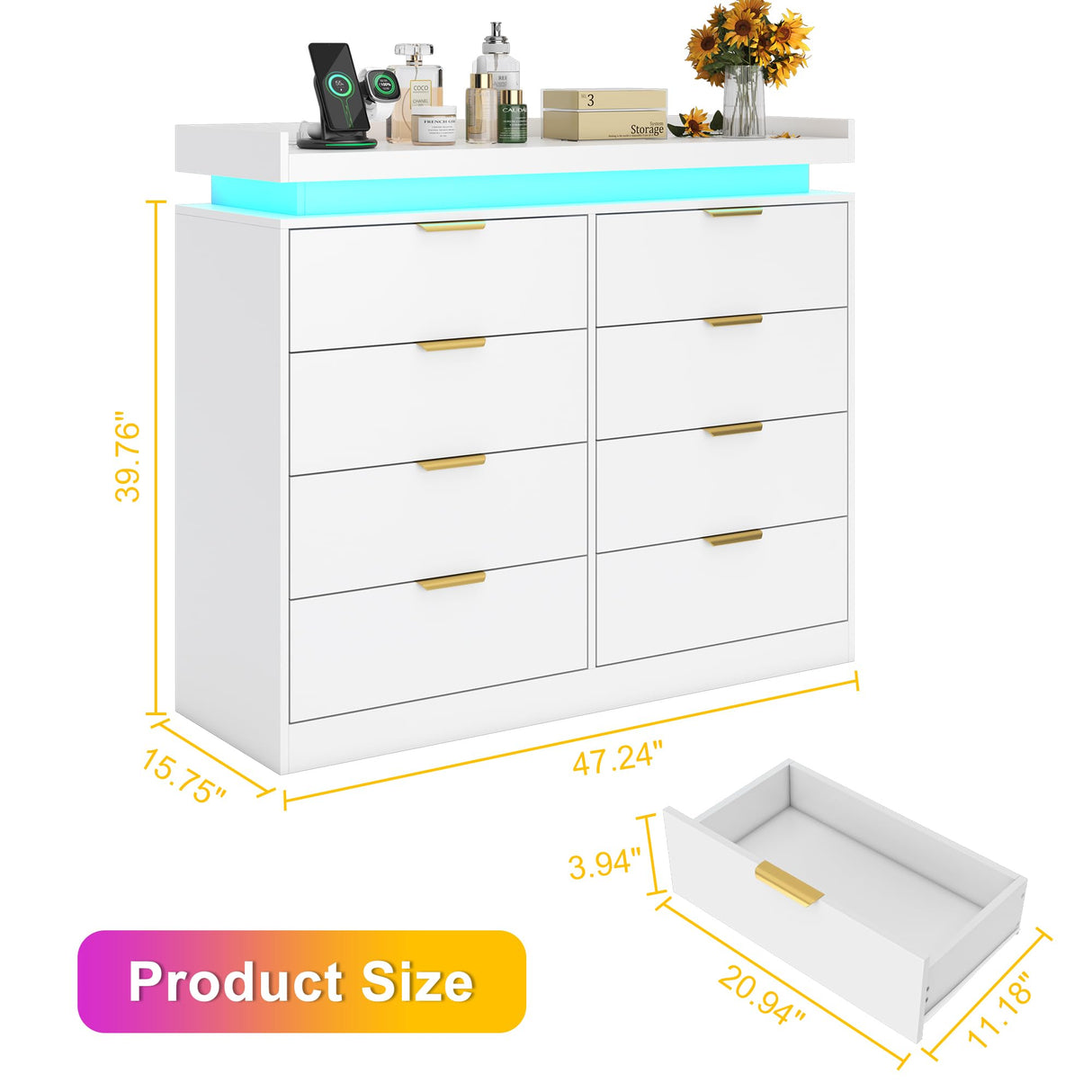 knoworld 8 Drawer Dressers for Bedroom, White Dresser with LED Lights and Power Outlet, Wood LED Dresser, Double Wide Modern Chest of Drawers for Bedroom, Entryway, Hallway knoworld