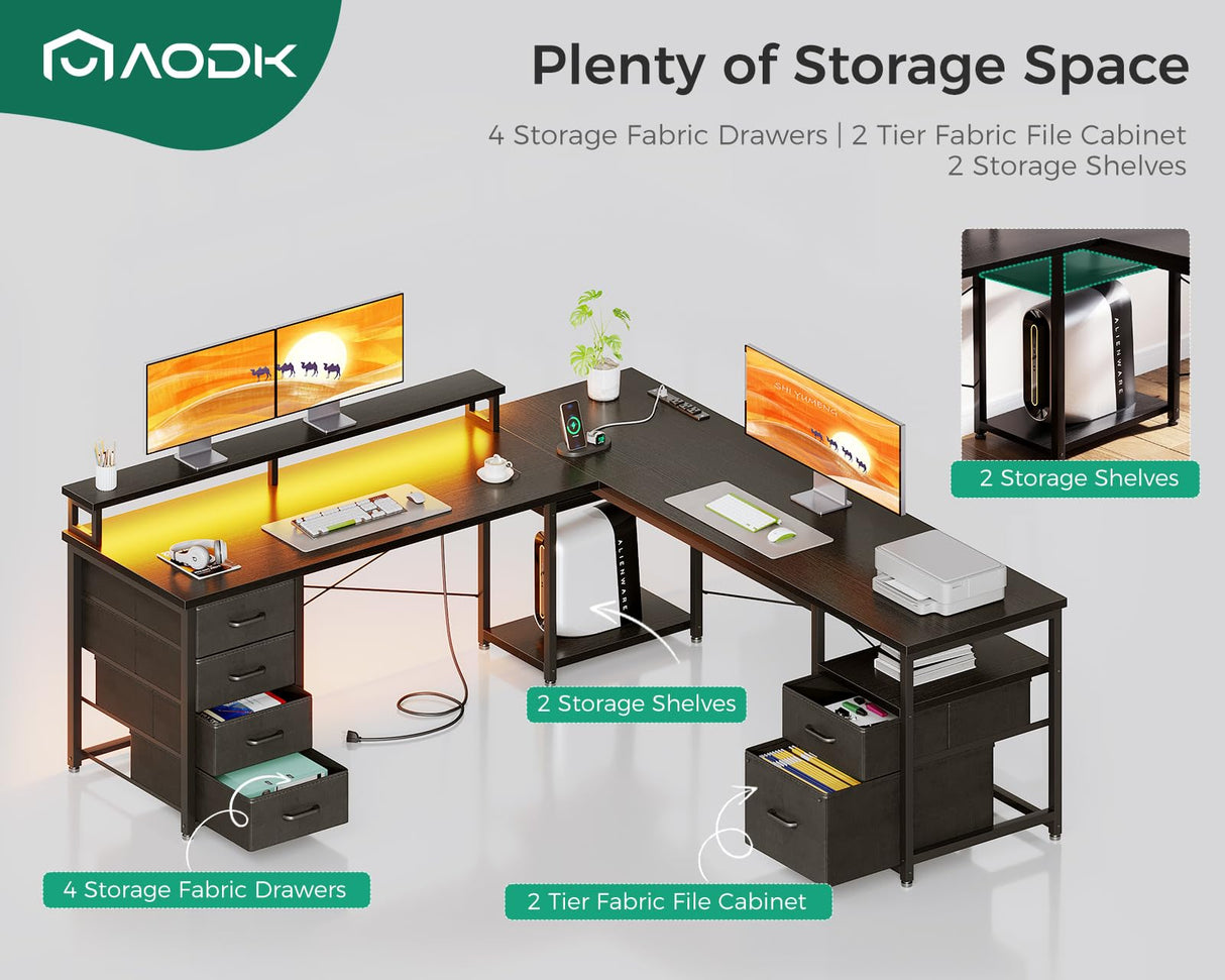 AODK 66" L Shaped Computer Desk, 113“ Reversible Home Office Desk with File Cabinet & 4 Fabric Drawers, Two Person Desk with LED Lights & Power Outlet, Corner Gaming Desk with Monitor Shelf, Black AODK