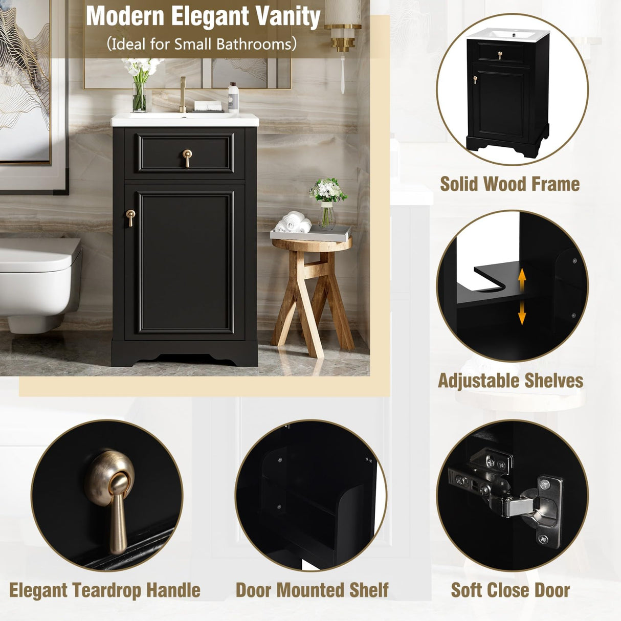 20-Inch Bathroom Vanity with Ceramic Sink, Solid Wood Frame Modern Storage Cabinet with Soft Close Door, Adjustable Shelf, and Door-Mounted Storage Rack for Small Bathrooms, Black Merax