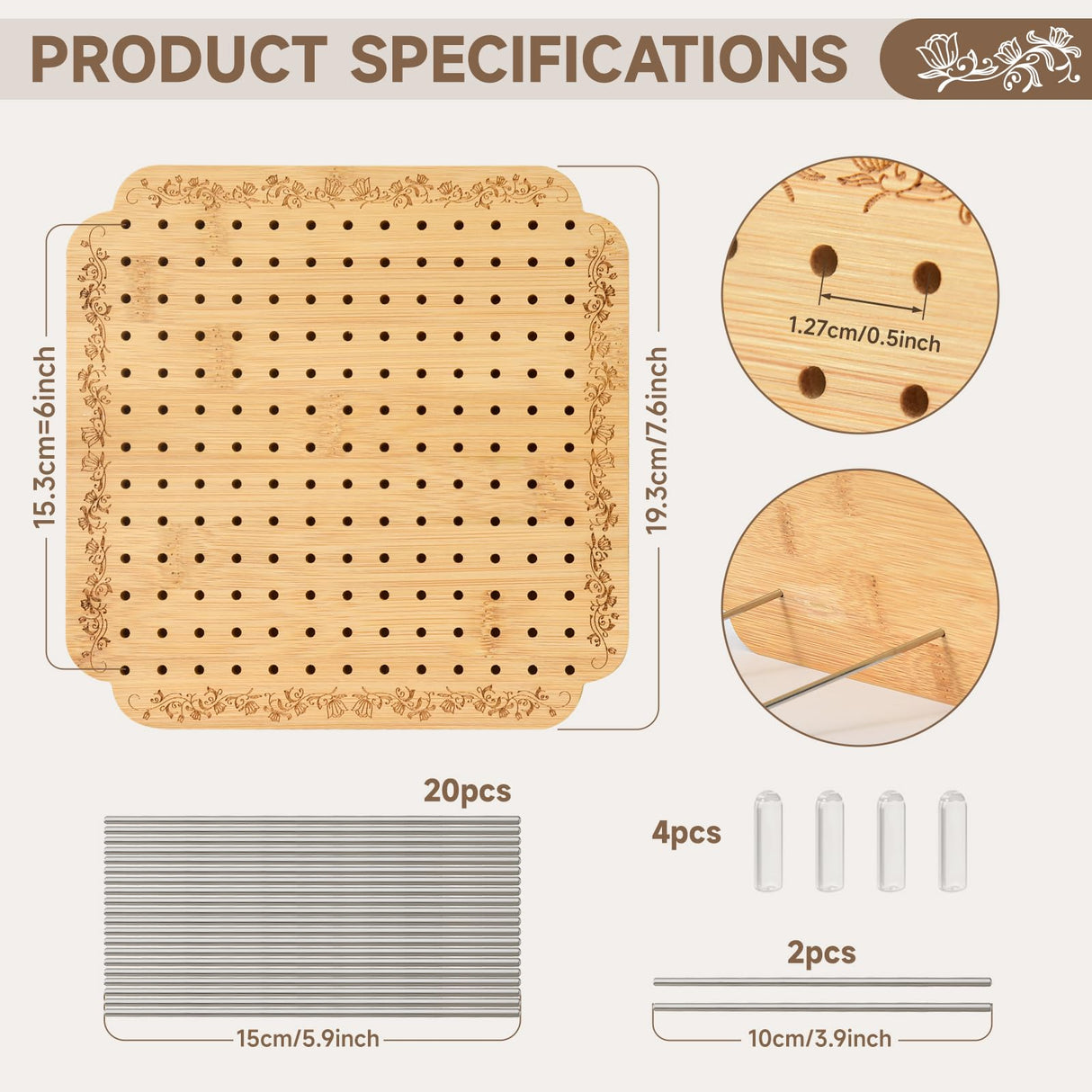 Crochet Blocking Board with Tulips Pattern, 22 Pins/Pegs, Blocking Board for Crocheting Knitting, Bamboo Granny Square Blocking Boards for Crochet Projects, Crocheting Accessories Gifts FEIYAUMI